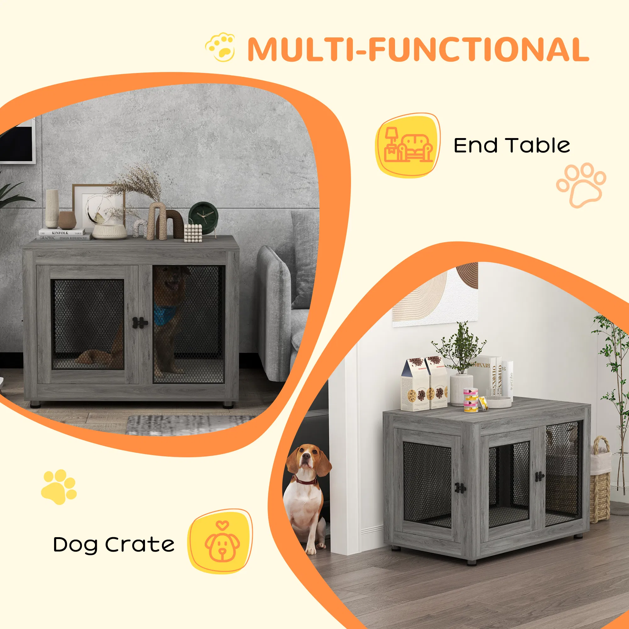 Pet Crate End Table with Water-resistant Cushion or Large Medium Dogs, Grey — image 4