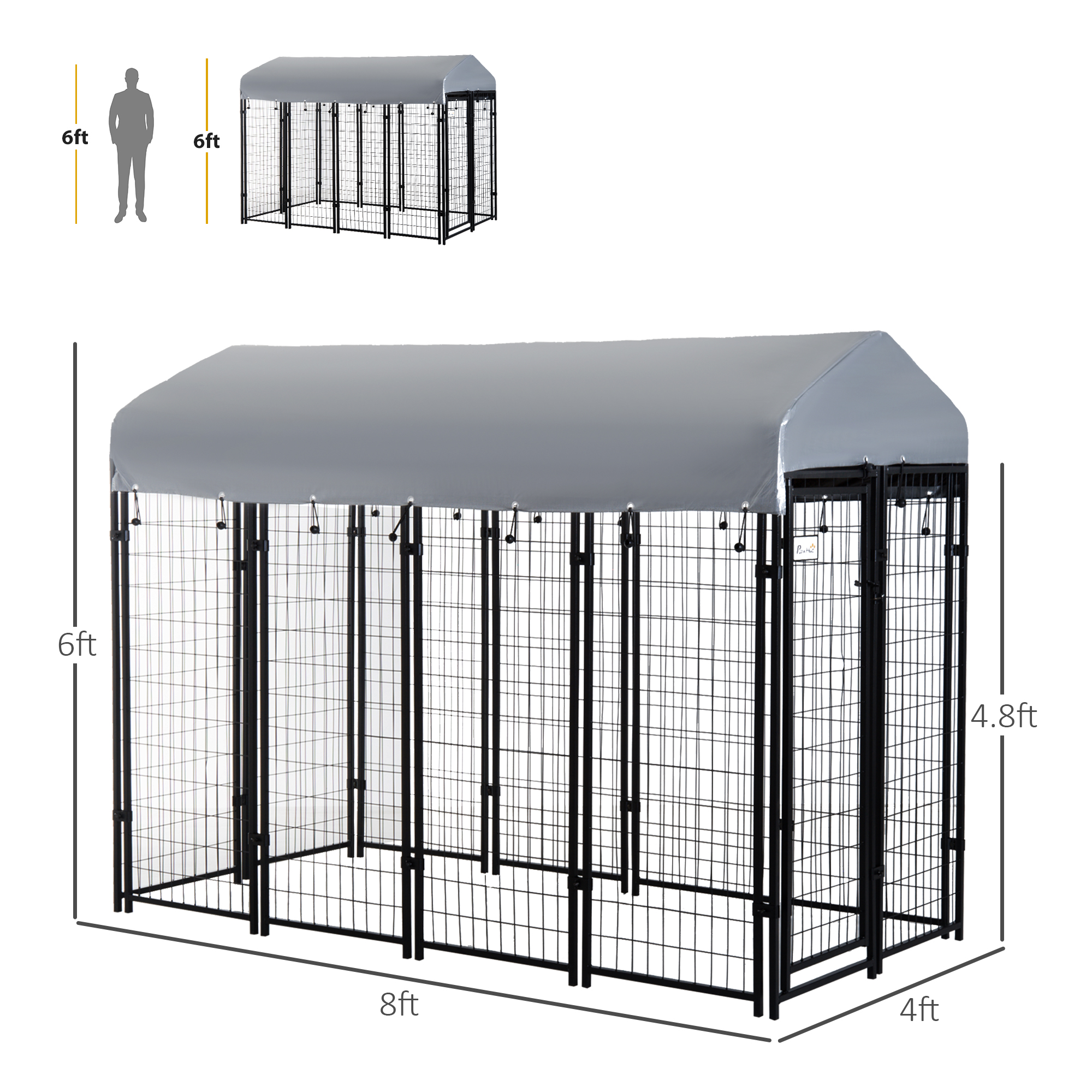 Casa de Perro al Aire Libre con Techo, 8 x 4 x 6 Caja de Juego para Perros Pesados de Acero Soldado Resistente a Escape con Cerrojo Seguro, Cubierta Resistentes a UV y Agua, para Perros Grandes, Plateado — imagen 4