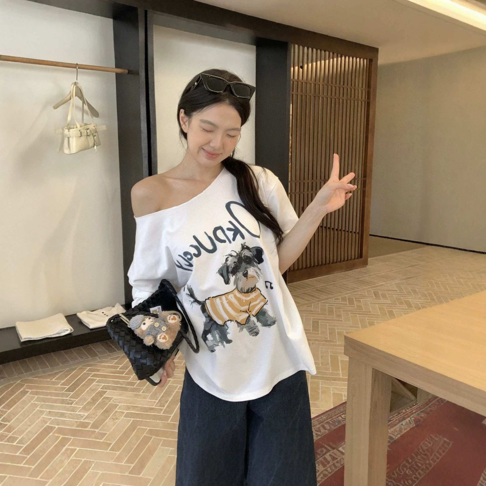 Cute Dog Print Asymmetrical Shoulder Short Sleeve T-Shirt — image 3