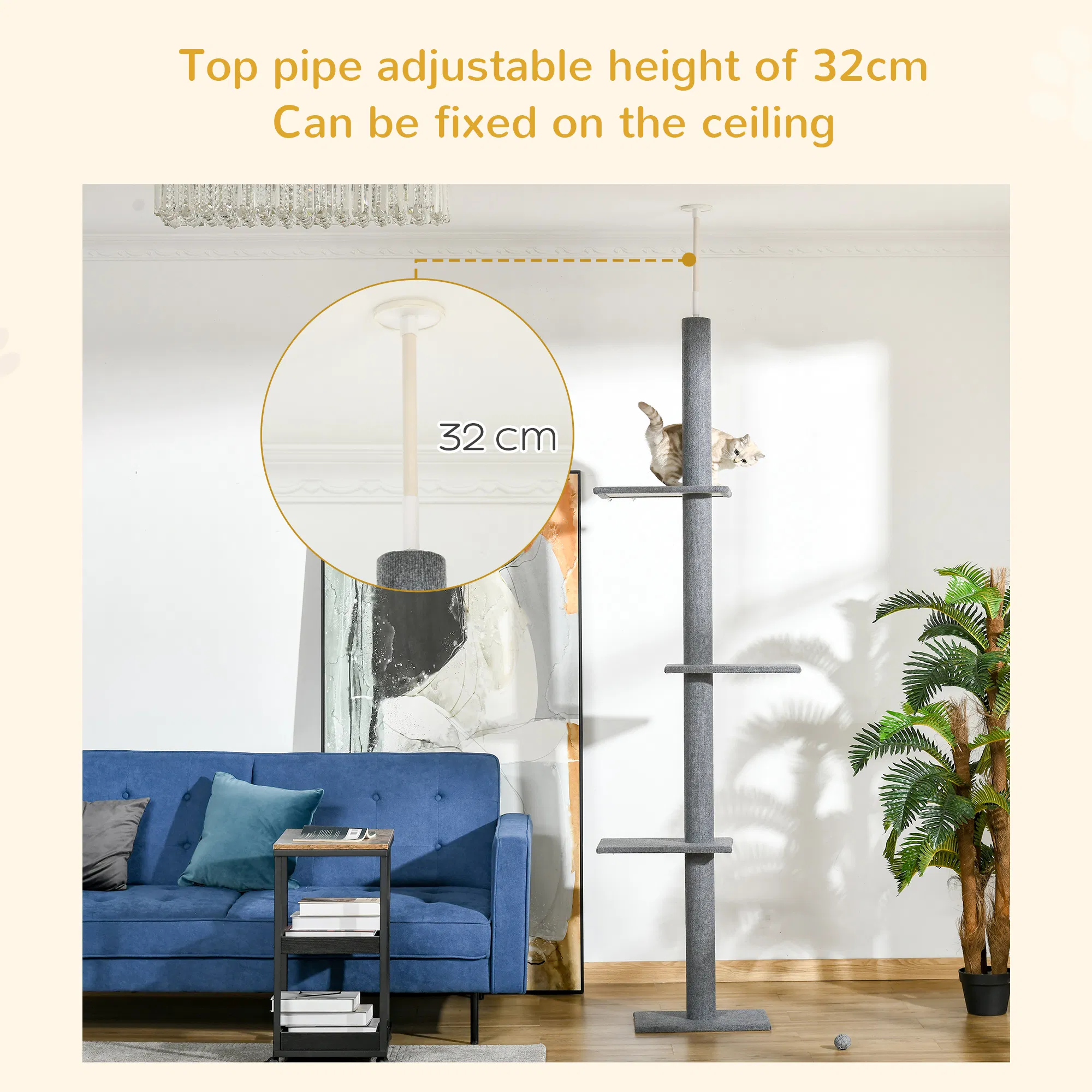100" Floor To Ceiling Cat Tree w/ 3 Perches Activity Center for Kittens Cat Tower Furniture, Grey — image 4