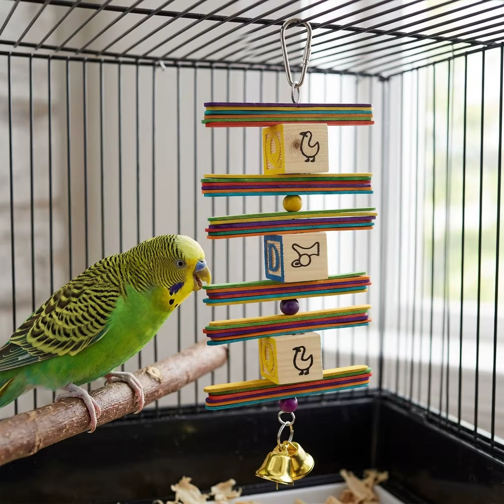 Juguete de Forraje para Pájaros Colorido con Letras y Pétalos, Bloque de Madera Dura con Cordón, Juguete Interactivo de Masticación y Desgaste de Pico para Periquitos y Cacatúas — imagen 2