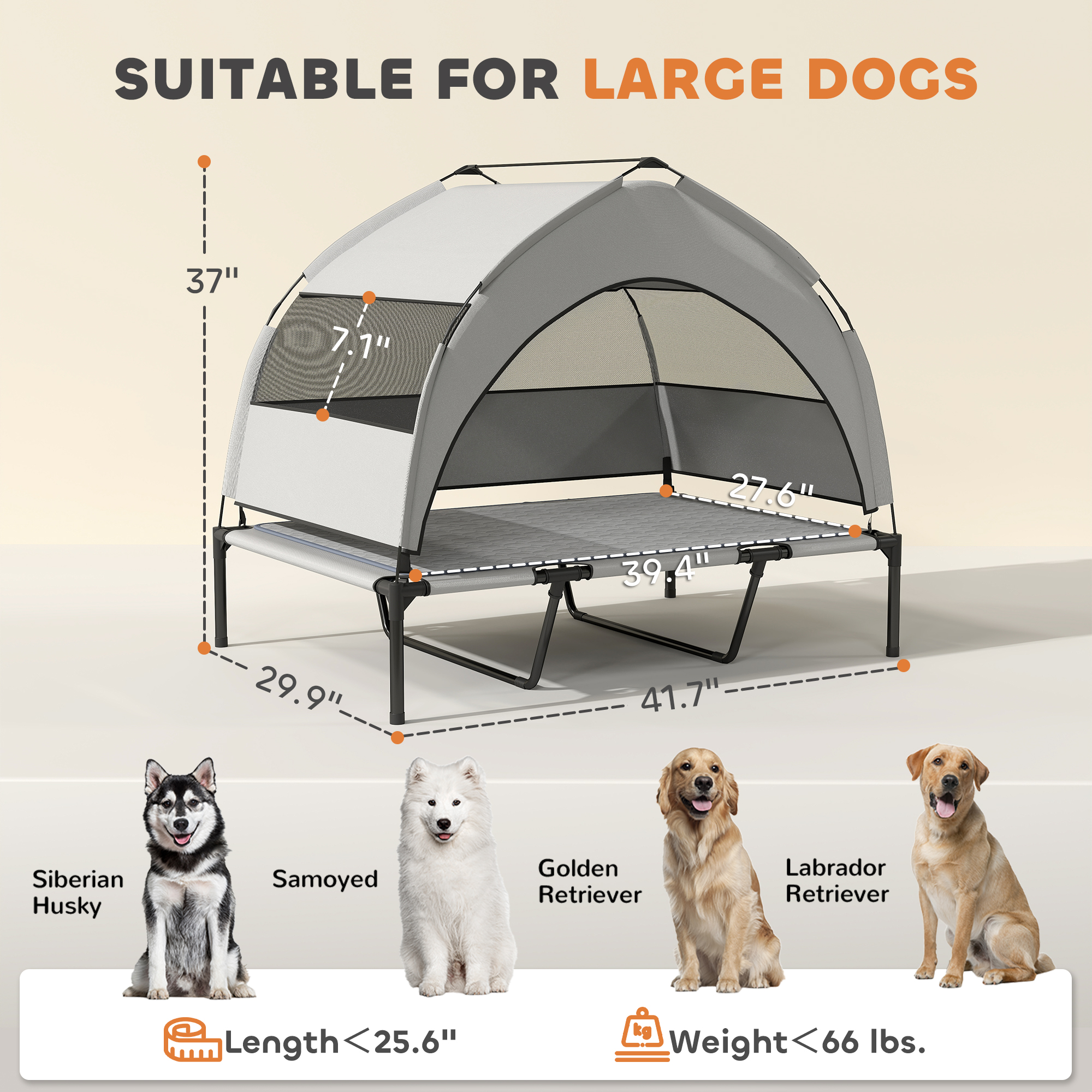 Cama Elevada para Perros con Pabellón Removible, Cama Portátil Exterior para Mascotas con Capa de Enfriamiento y Bolsa de Almacenaje, 42 × 30 × 37 — imagen 2