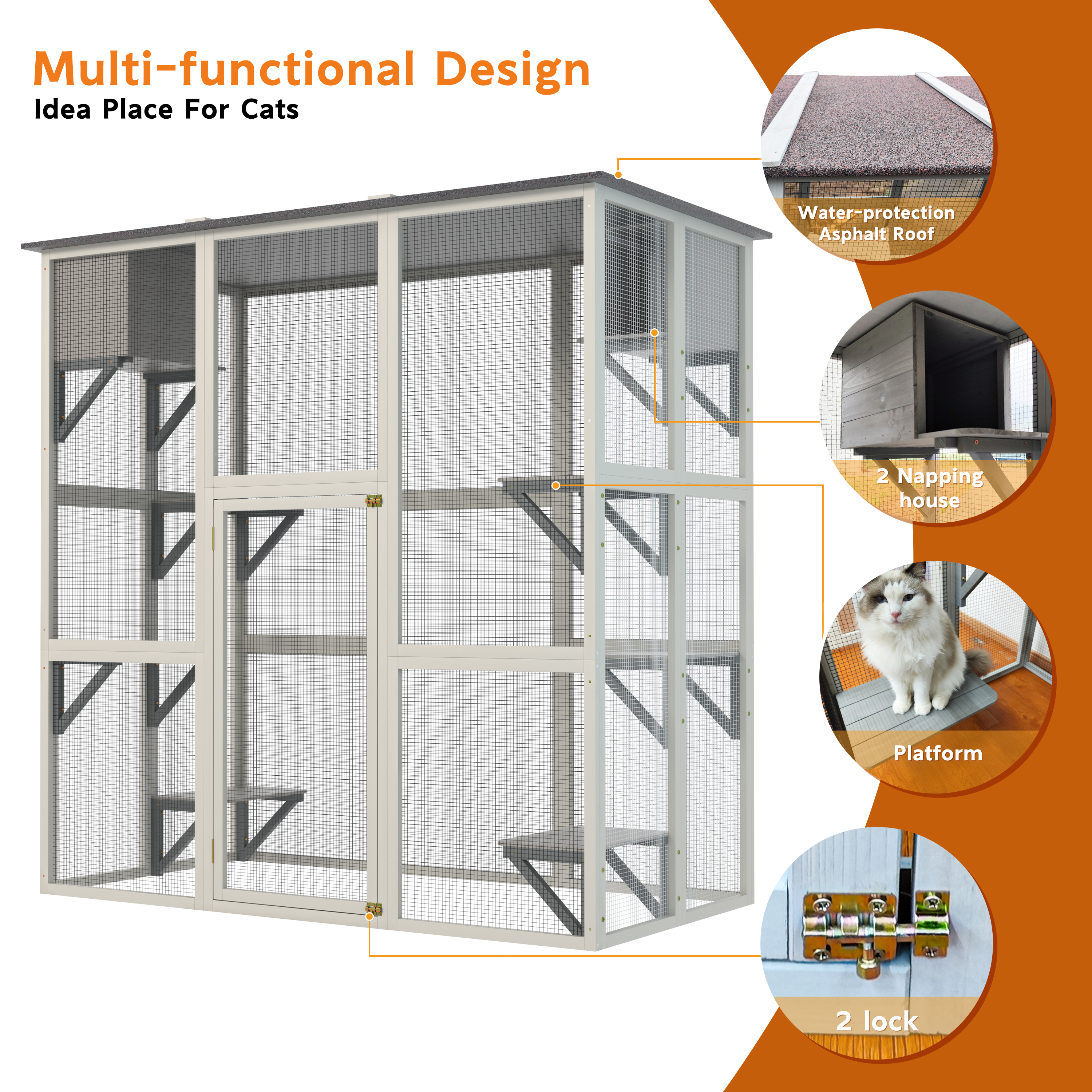Catio de Exterior en Madera Gris con Techo Asfáltico Resistentes a Clima, Casa para Gatos Grande con 6 Plataformas y 2 Cajas de Descanso, Jaula de Madera Solida para Patio — imagen 2