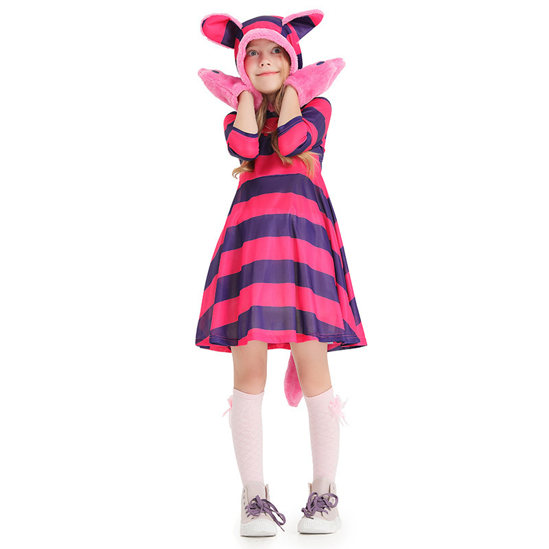 Cute Cat Paw Printed Dress for Kids - Purple Striped Smiling Cat Design, Children's Performance Outfit — image 2
