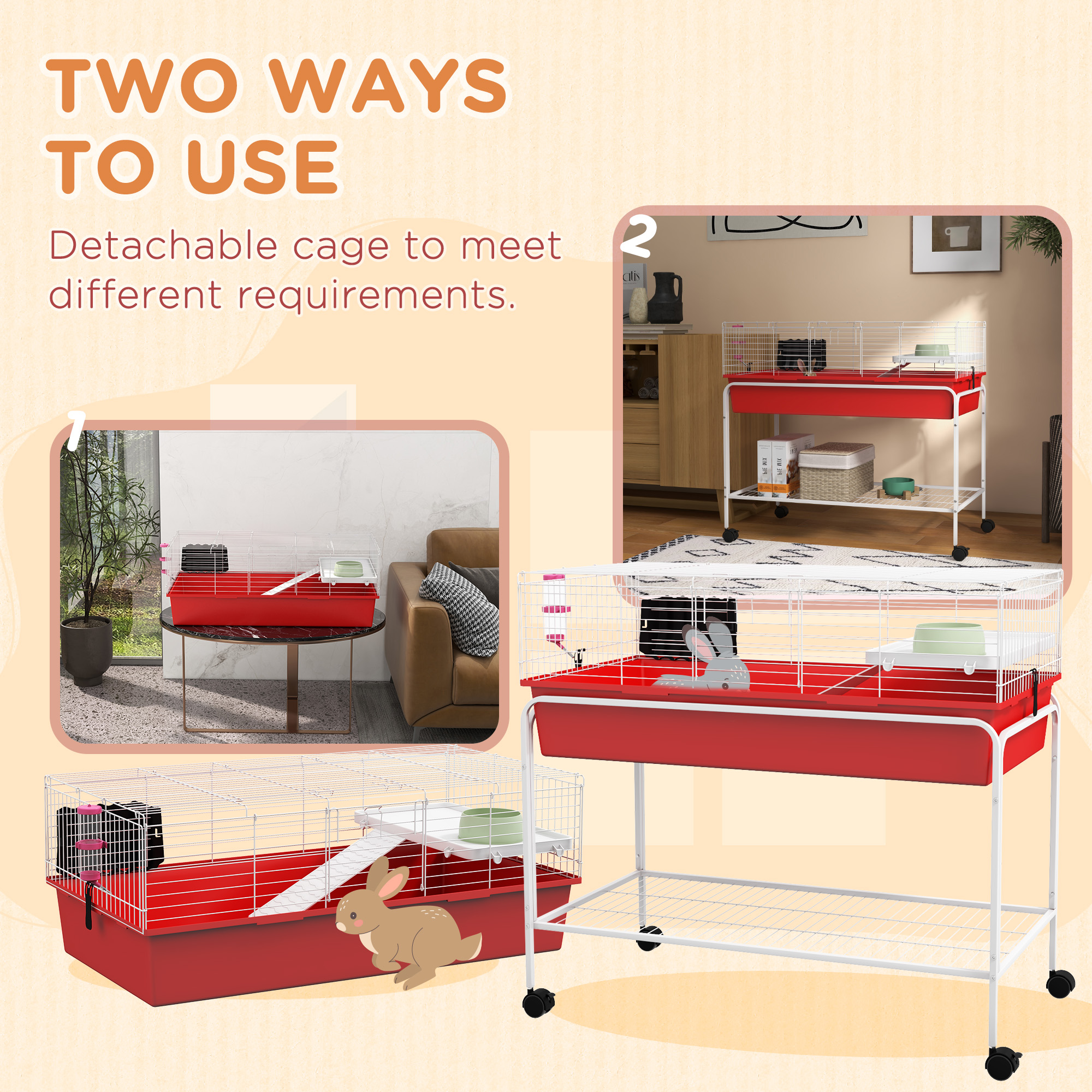 Two-Story Small Animal Cage Removable from Stand, Pet Habitat with Shelf & Wheels, 39" x 20.5" x 36.5", Red — imagen 5