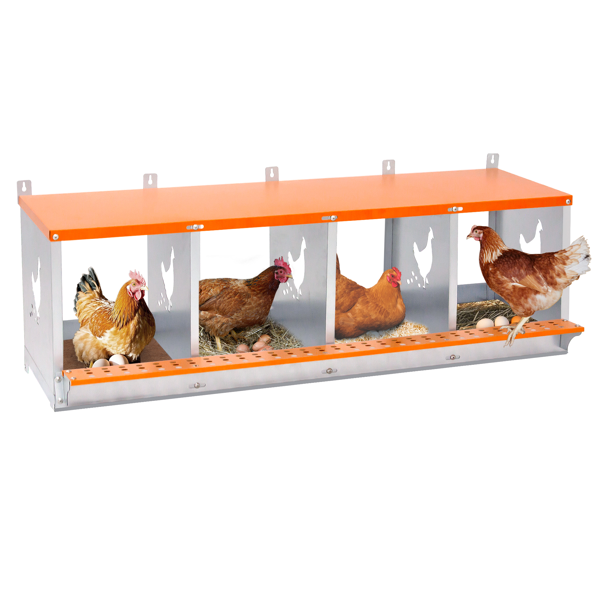 4-Bay Metal Nest Box-Wall Mount For Hens Ducks, Easy Egg Assembly, Vented Galvanized Steel Coop Equipment Orange — imagen 1