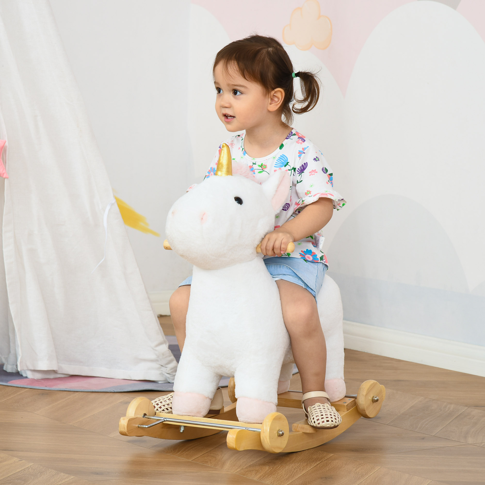 Caballito Mecedor 2 en 1 para Niños, Unicornio con Ruedas y Sonido, Base de Madera, Pedal, Manija de Agarre, Para Niños de 3-6 Años, Blanco — imagen 2