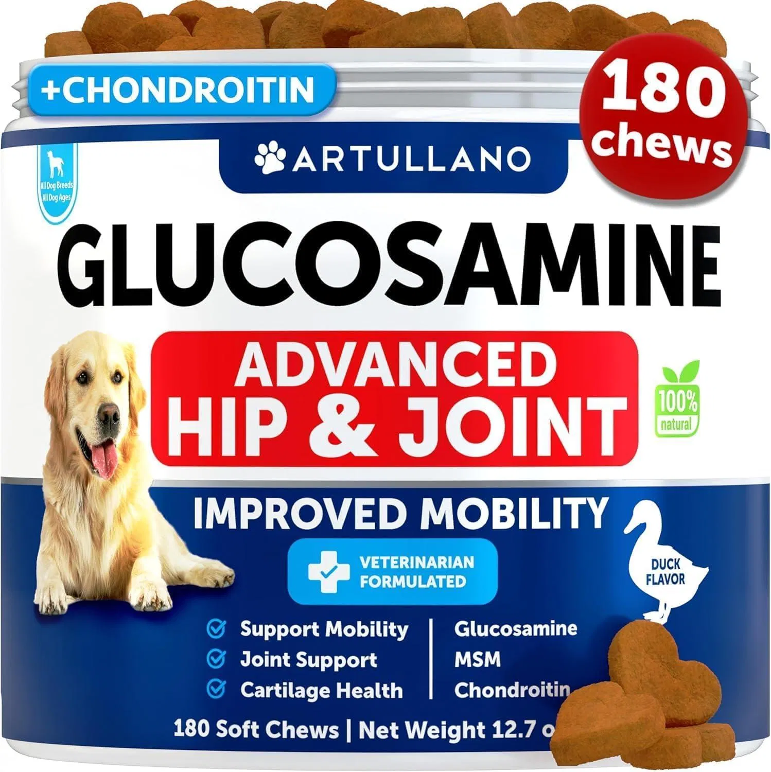 Suplemento de Glucosamina para Perros - Alivio del Dolor Articular con Chondroitina y Aceite de Hemp para Cachorros con Artritis, 120 Galletas Blandas para Grandes Razas — imagen 1