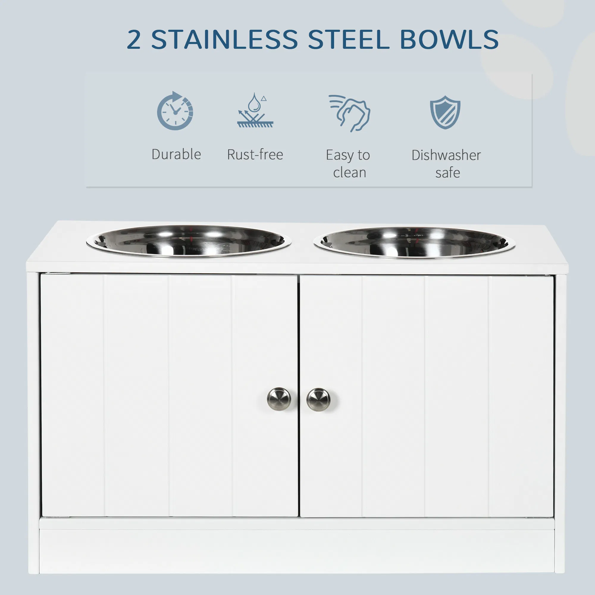 Elevated Dog Bowls for Large Dogs Pet Feeding Station with Stand, Storage, 2 Stainless Steel Food and Water Bowls, White, 23.6" x 11.8" x 14" — image 2