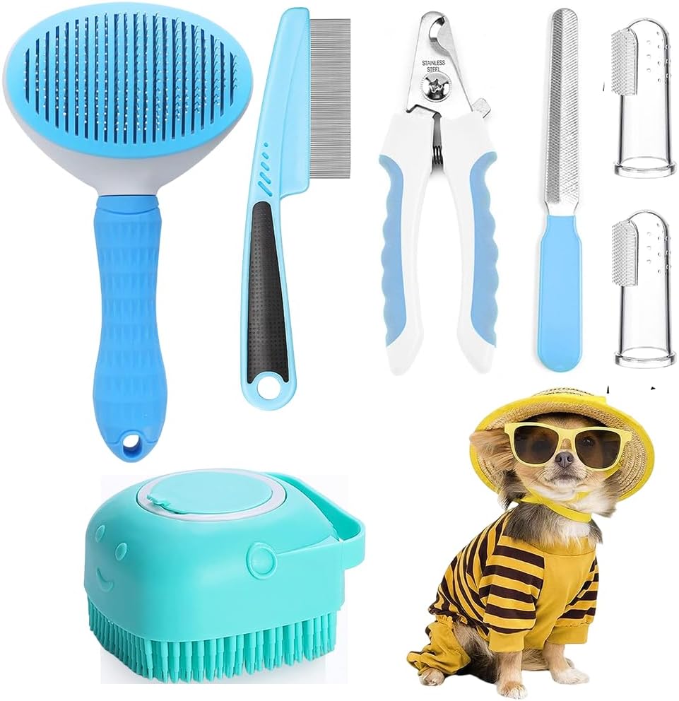 Kit de 7 piezas para el cuidado del pelaje de mascotas, cepillo auto-limpiador con tijeras de uñas y peine para pulgas — imagen 1