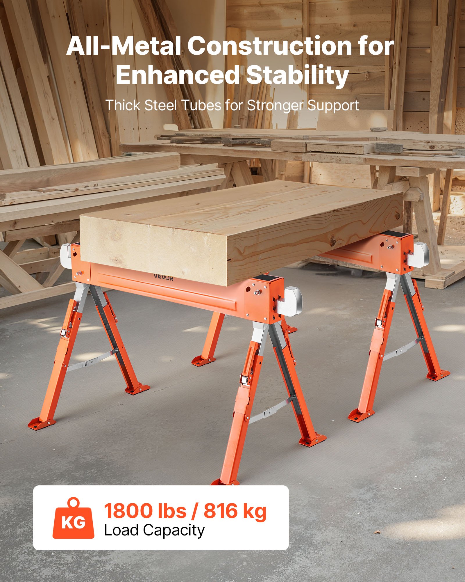 Saw Horses, 2 Pack Folding Work Horses, 1800 Lbs Load Capacity Sawhorse With Heavy Duty Legs, Adjustable Height Saw Horse With Non-Slip Foot Pads, For Woodworking, Carpenters & Contractors — image 5