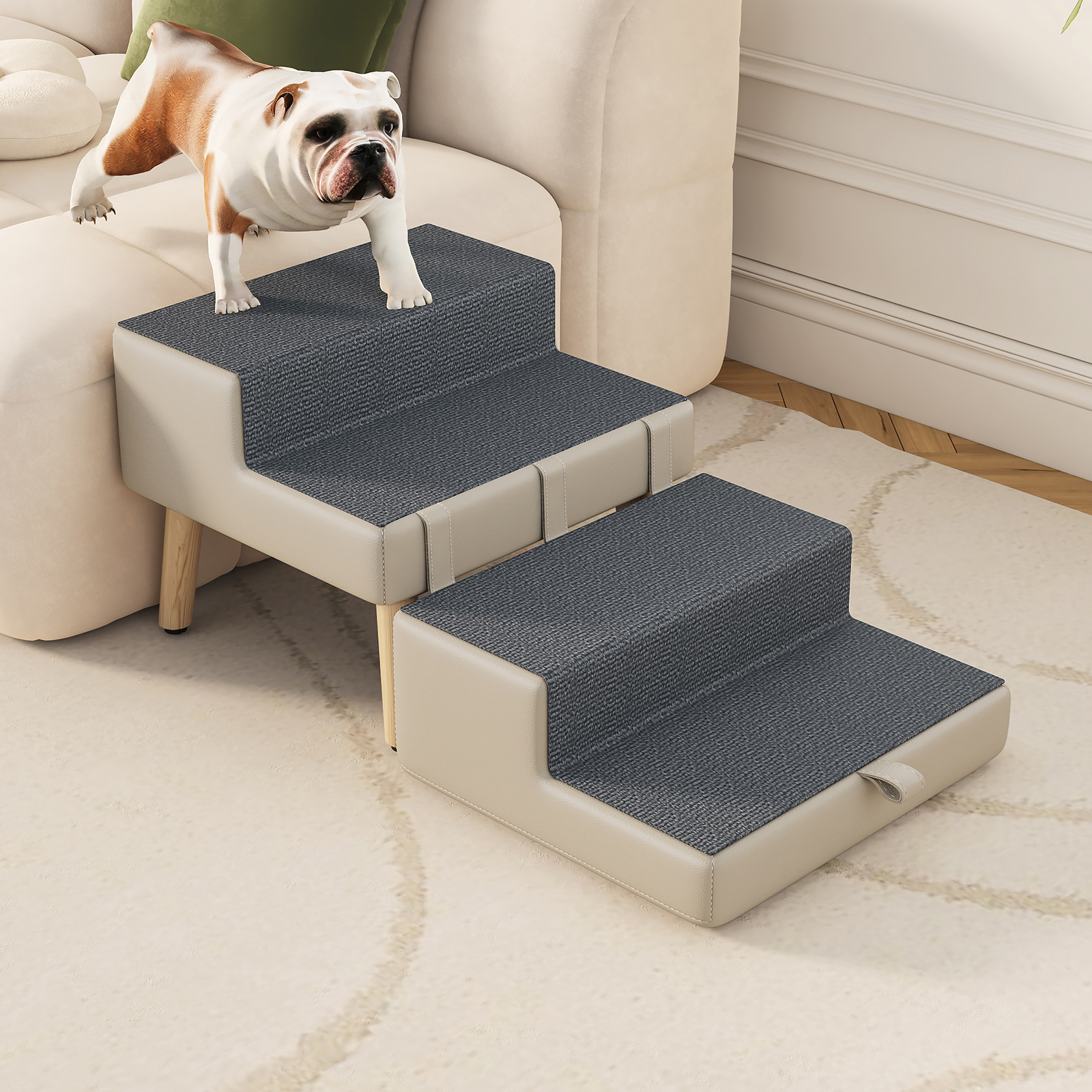4-Step Ottoman Dog Stairs, 2-in-1 Foldable Pet Ramp for Bed, Dog Ramp for Small Puppy and Cats, Sturdy Wood Frame Support with Non-slip walking surface, Holds Up To 220lbs ( Light Grey Color ) — image 14