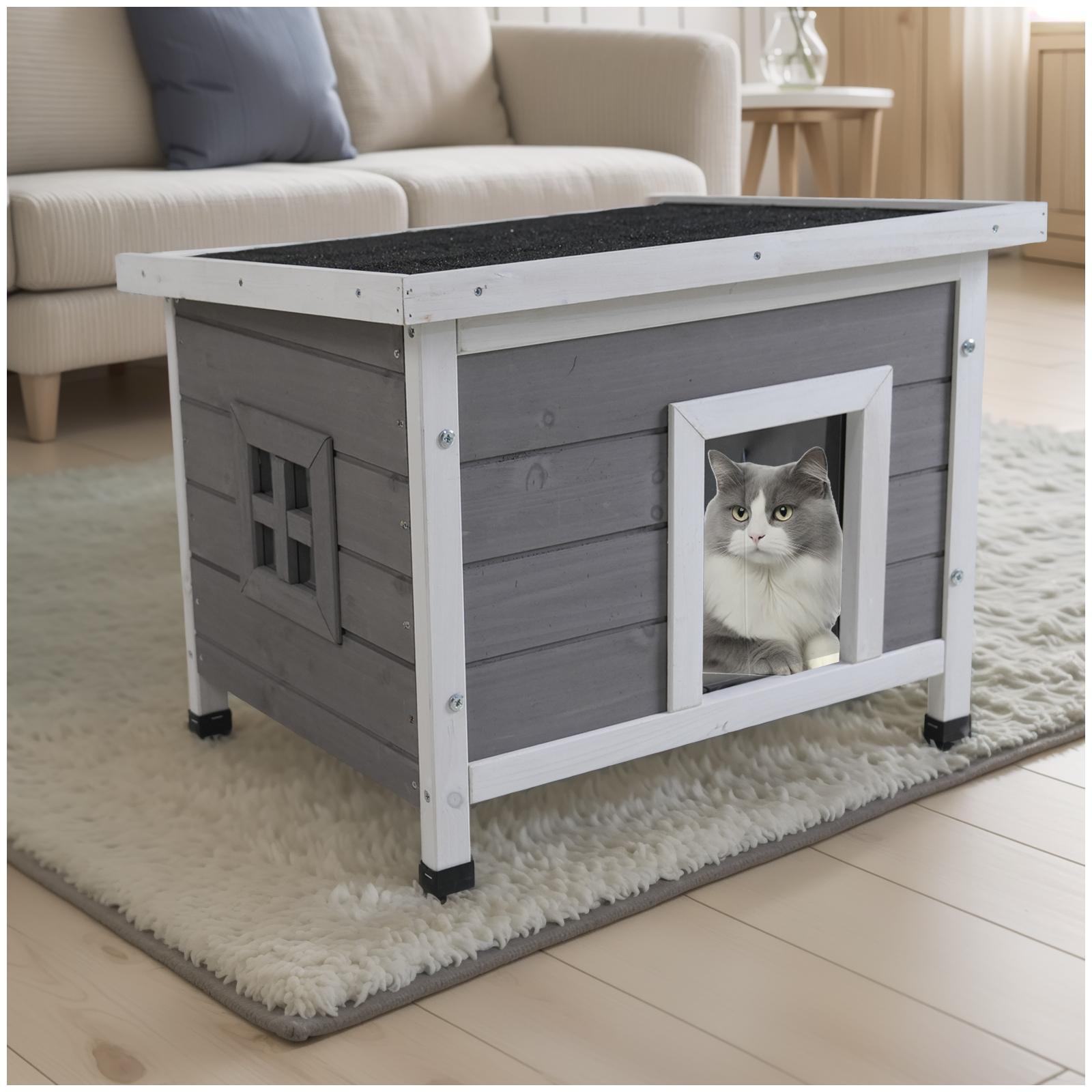 Cat House Waterproof Feral Kitty Shelter Outdoor Indoor Rabbit Hutch For Bunnies, Cats, Dogs And Other Small Animals, Asphalt Roof — image 1