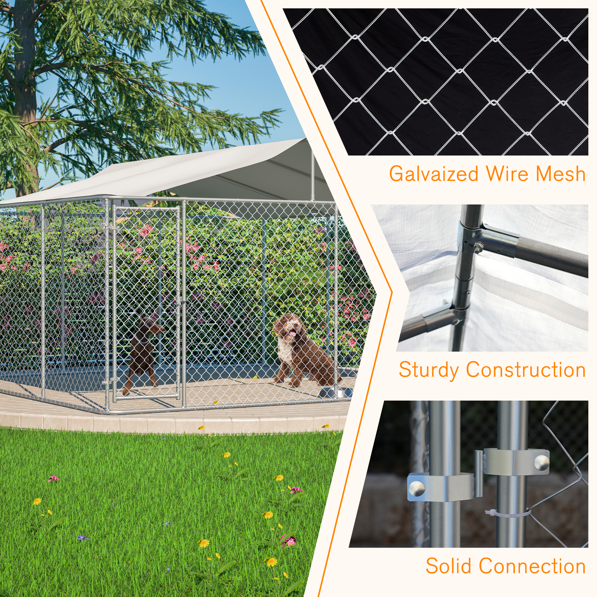 Heavy Duty Outdoor Dog Kennel 14.8x14.8x7.6 Ft, Galvanized Chain Link Playpen With Waterproof Anti-UV Cover, Secure Lock, Large Exercise Pen For Puppy & Pets — imagen 4
