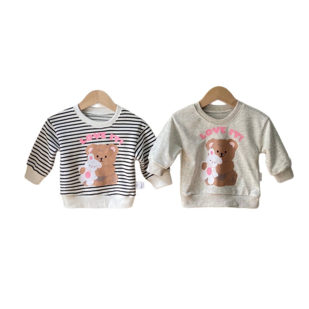 Casual Long-Sleeve Hoodie with Bear Print and Stripe Pattern, Round Neck T-Shirt — image 2
