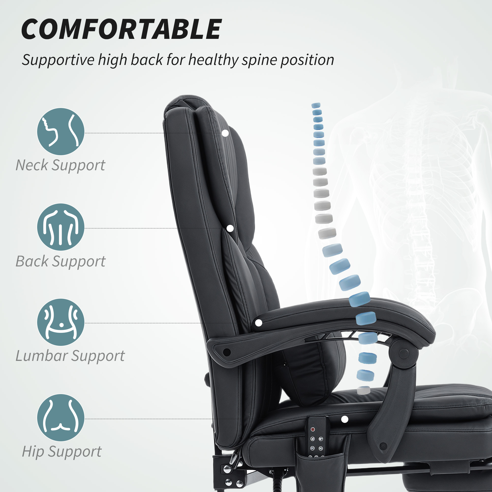 Office Chair With Massage, Pet-Friendly Faux Leather Reclining Desk Chair With Lumbar Support, Footrest, Black — image 4
