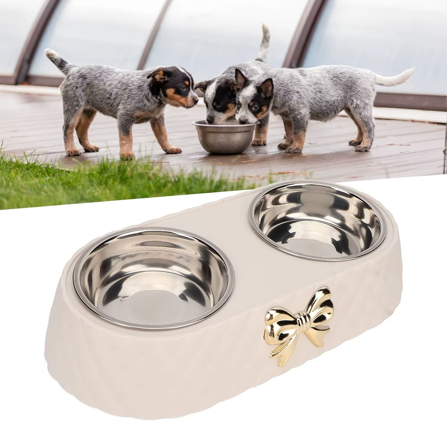 Double Pet Bowl Set Stainless Steel Pet Bowls With Bowknot Decor Holder Non-Slip Non-Spill Food Water Feeding Bowl Set For Small Medium Dogs Cats Puppies Adjustable Elevated — image 2
