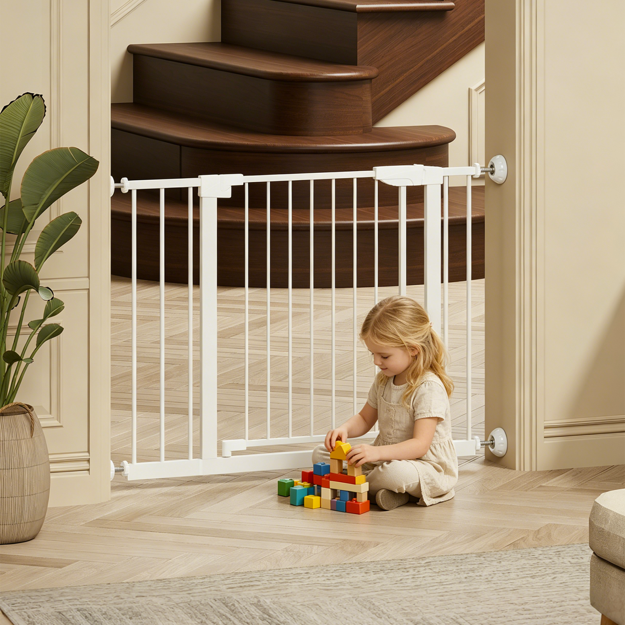 Reja para Bebés Ancha de 29.5-45.3" con Protector de Pared para Escaleras, Reja para Perros de Interior para Puertas, Sin Taladrar, Montaje a Presión, Rejas para Mascotas para Niños, Reja de Seguridad Fácil de Cruzar, Blanca — imagen 4