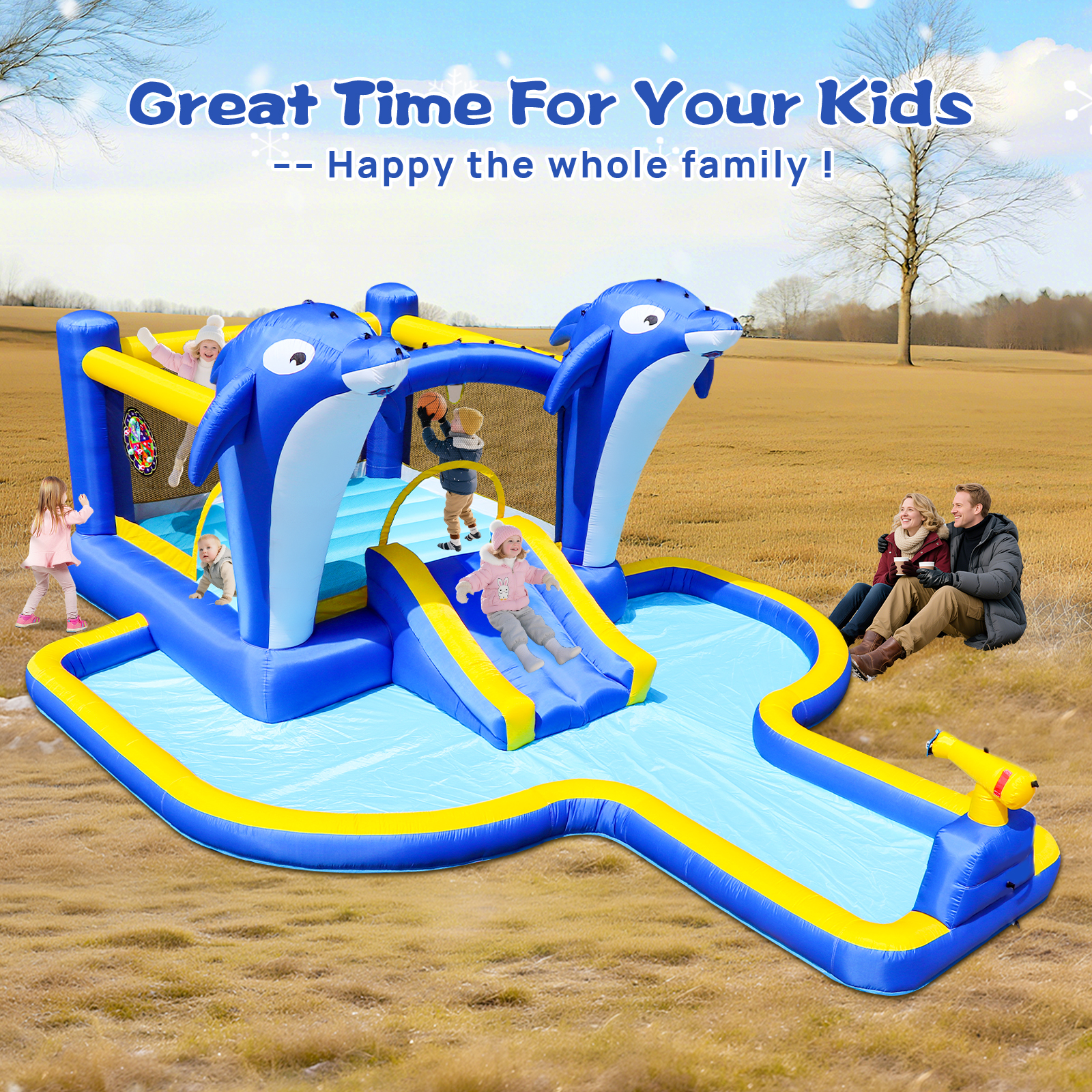 8 en 1 Parque de agua inflable con tobogán, trampolín y casa de bolas para jardín o patio exterior con delfín regador & juegos de blanco & pistola de agua & balón de básquetbol — imagen 3