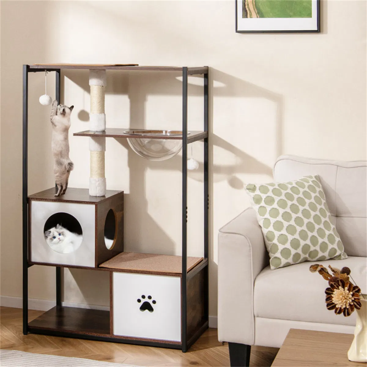 Stylish Wood-Metal Cat Tree - 33 lbs Per Layer Capacity, 2 Private Condos + 2 Relaxation Platforms, Complements Room Decor — image 7