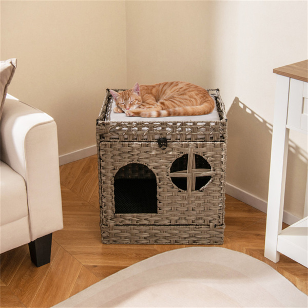 Condominio de Mimbre para Gatos de 2 Niveles con Tapete Atrapa-Arena - Mueble Ocultador de Arenero, Cojín Extraíble y Lavable, Ratán Gris — imagen 7