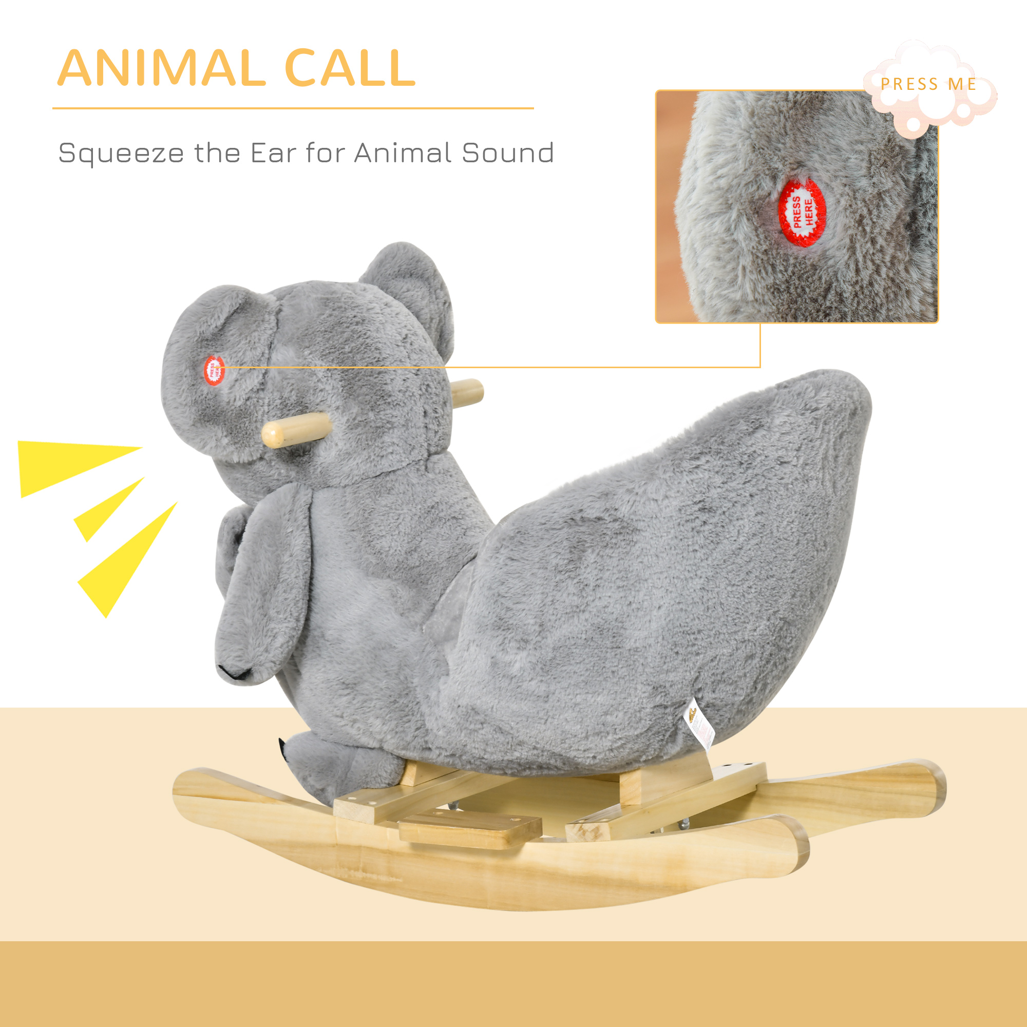 Kids Ride-On Rocking Horse, Koala-shaped Rocker With Realistic Sounds For Children 18-36 Months, Gray — image 4
