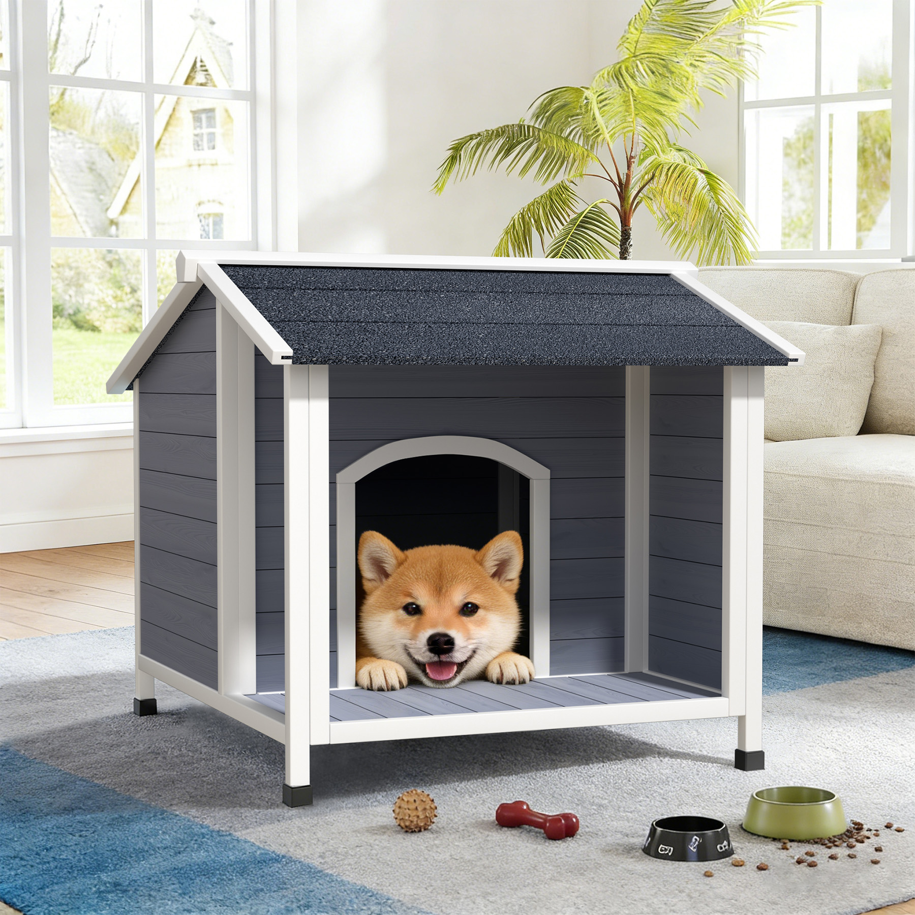 Casa de Perro Exterior, Refugio de Madera Resistente al Tiempo con Techo de Asfalto, Diseño de Piso Elevado, Montaje Fácil, Para Perros Pequeños a Medianos — imagen 5