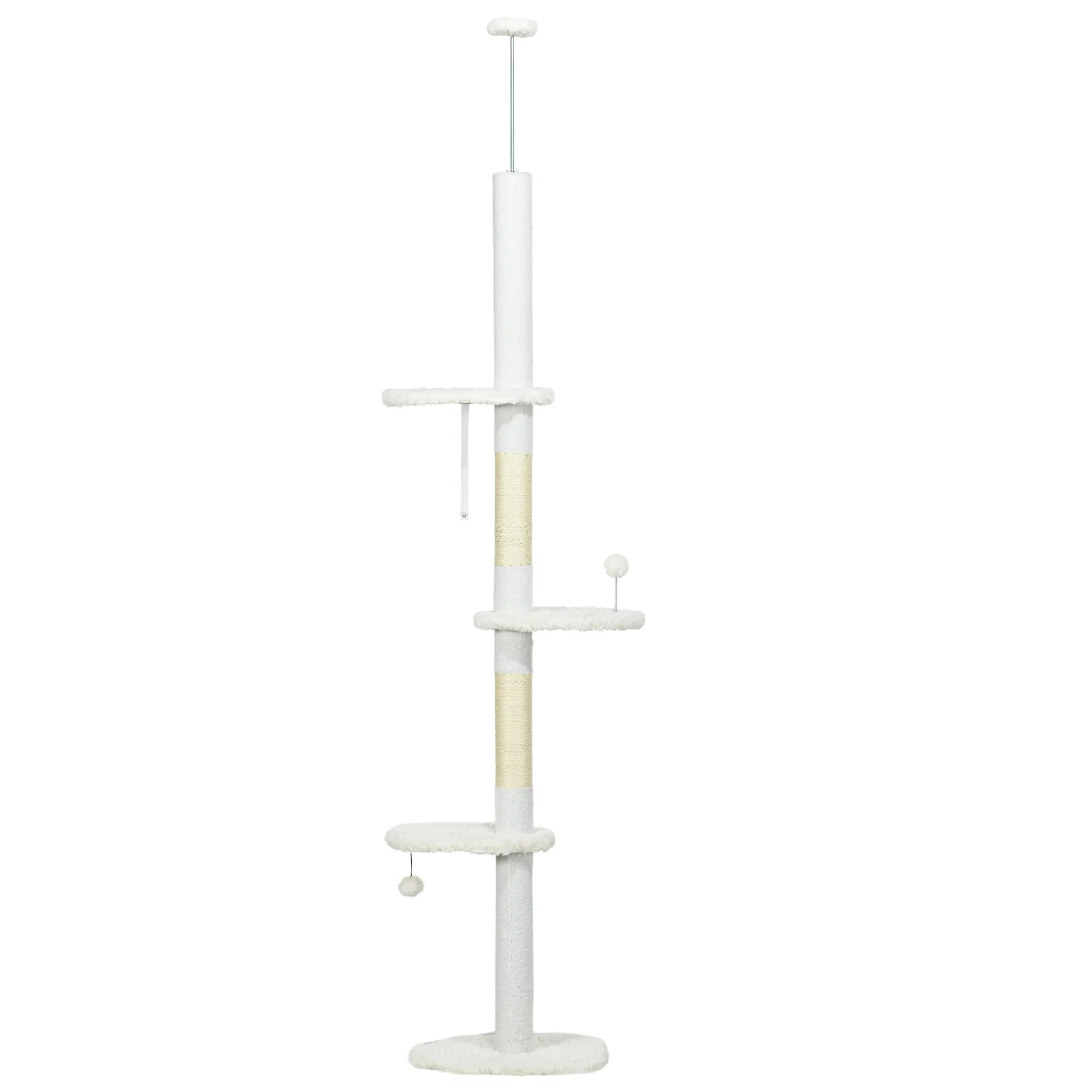 88.5"-100.5" Floor to Ceiling Cat Tree, Cat Tower with Scratching Posts, Cloud Shaped Platforms, Dangling Balls, White — image 1