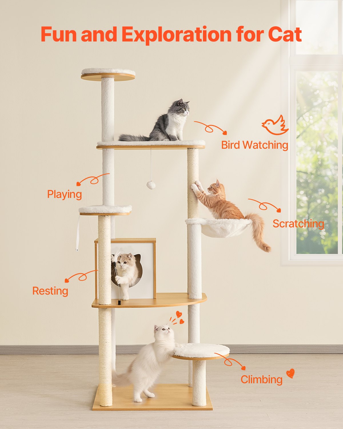Árbol para Gatos Grande de 68,9 Pulgadas de Alto, Torre para Gatos Multinivel con Perchas Acogedoras y Postes de Escarbar Sisal, Hamaca y Casa para Gatos Grandes para Jugar y Descansar en Interior — imagen 2