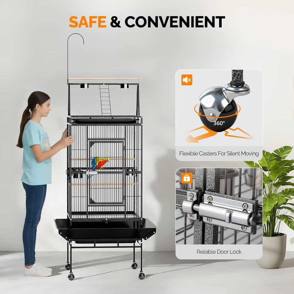 Jaula de 83" para Pájaros con Parte de Juego, Caja de Hierro Forjado con Ruedas, Jaula de Pájaros para Loros, Cotorras, Loris, Pinzones y Canarios — imagen 6