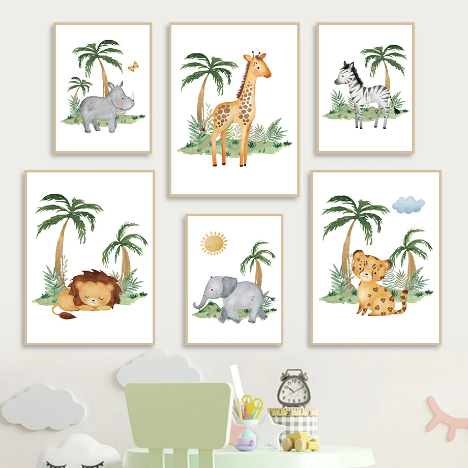 Naturaleza de Selva - Jardín de Animales de León, Elefante y Jirafa en Lienzo de Pared — imagen 8