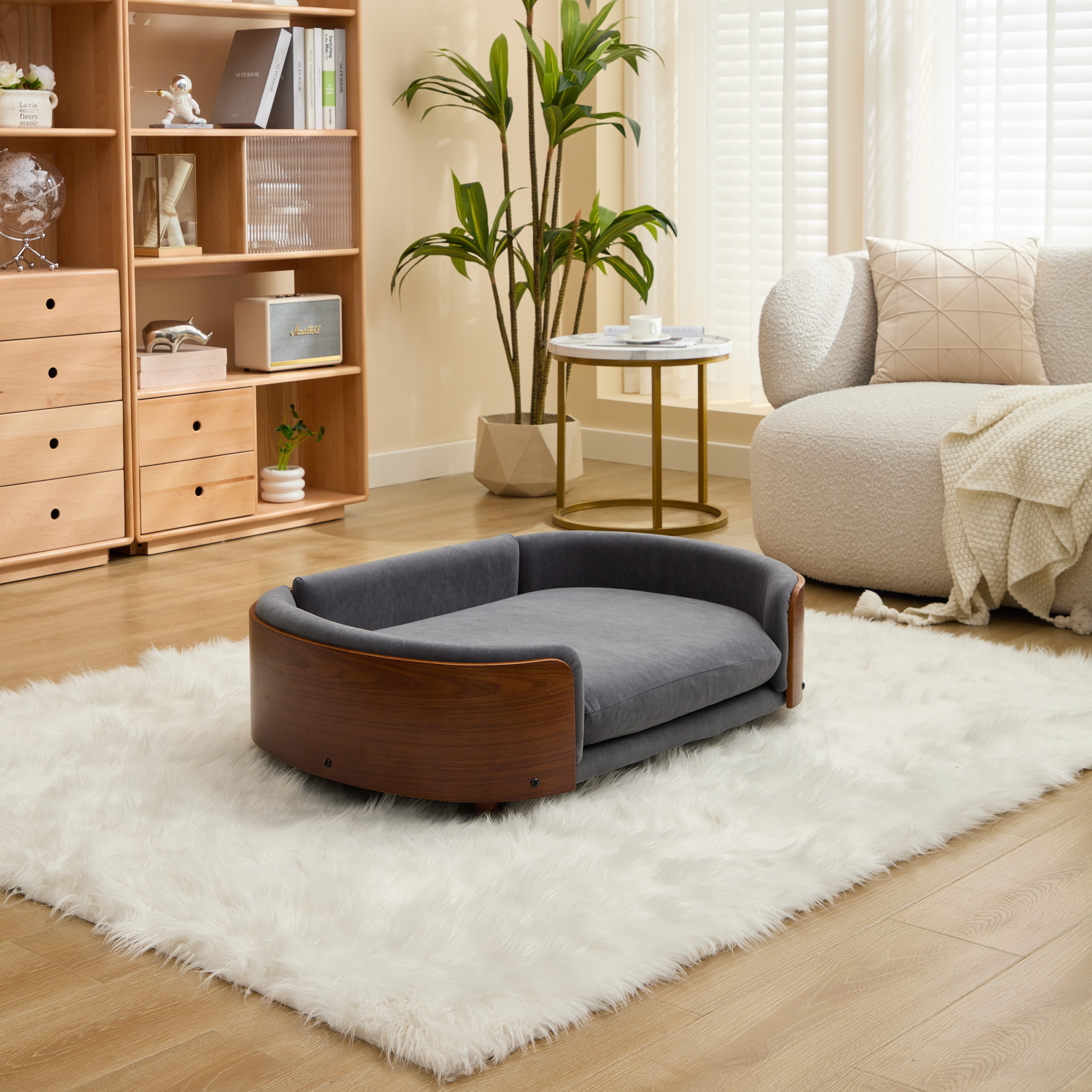 Scandinavian style Elevated Dog Bed Pet Sofa With Solid Wood legs and Walnut Bent Wood Back, Velvet, Large Size — image 2
