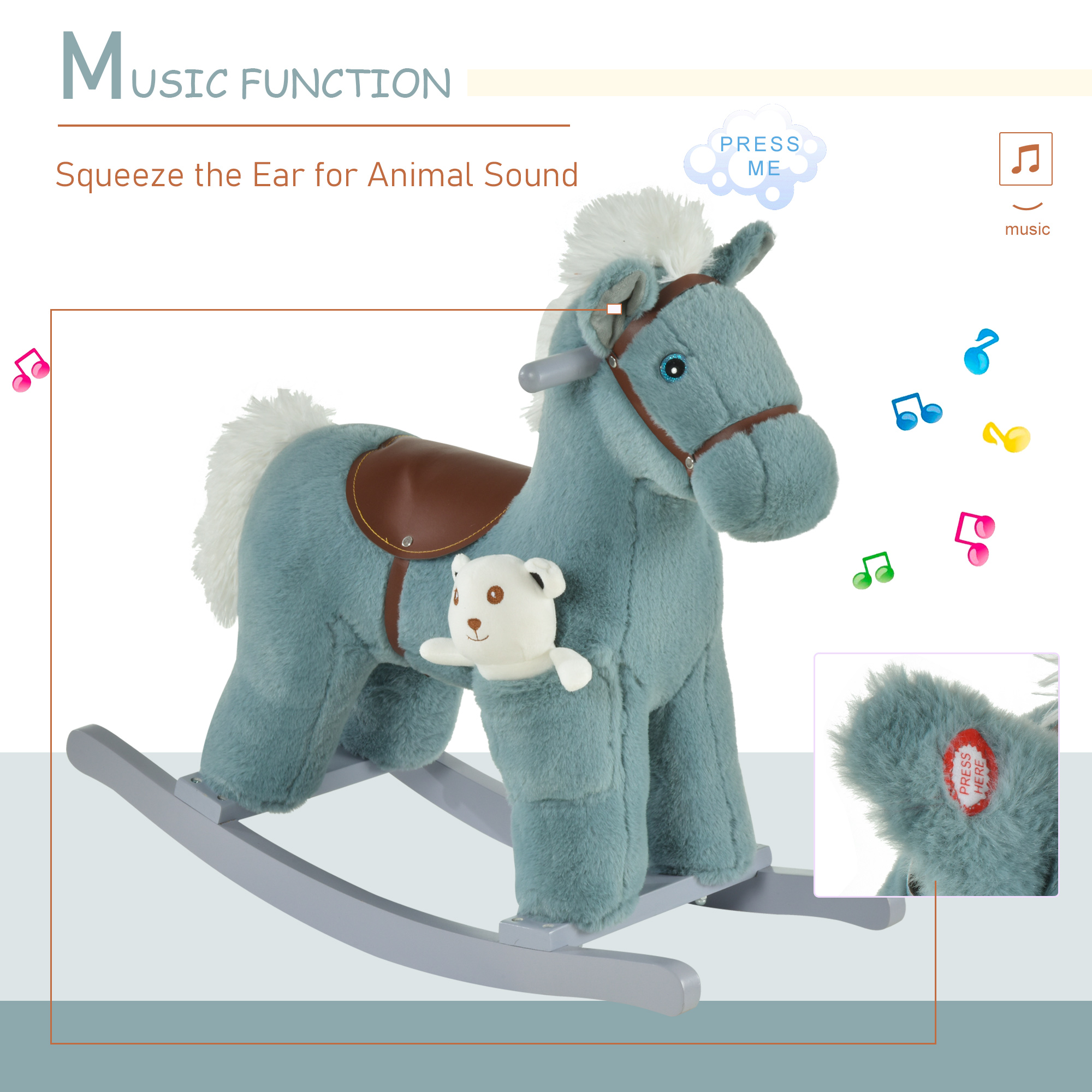 Kids Rocking Horse with Bear Toy, Plush Animal Rocker with Fun Realistic Sounds for Toddler 18-36 Months, Blue — image 4