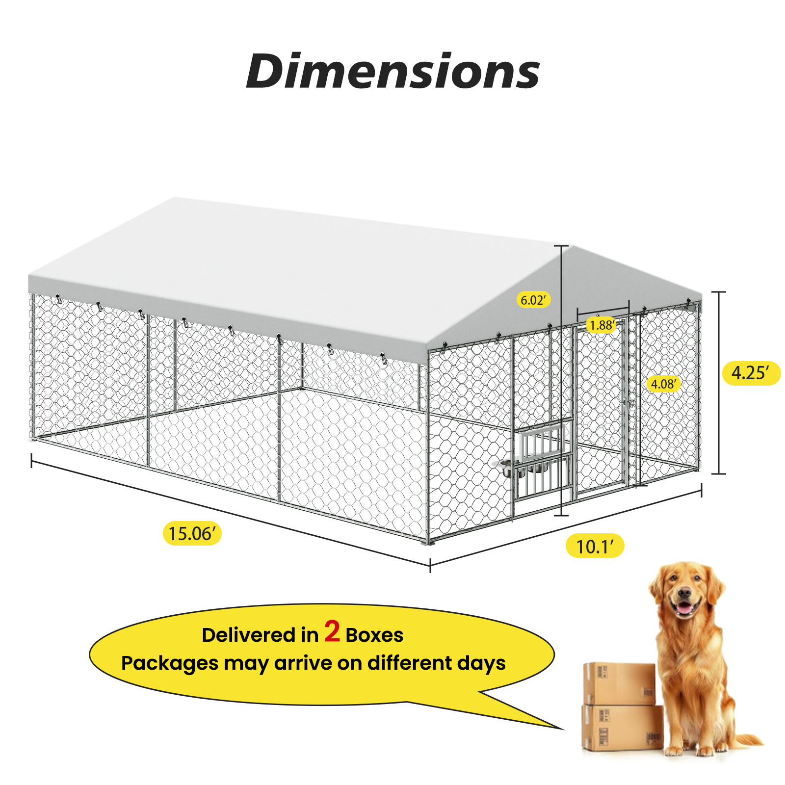Jaula al aire libre grande para perros con techo, estructura de acero galvanizado resistente, cubierta impermeable, platos de alimentación elevados integrados, jaula de juego segura y cerrada para perros grandes y múltiples animales — imagen 8