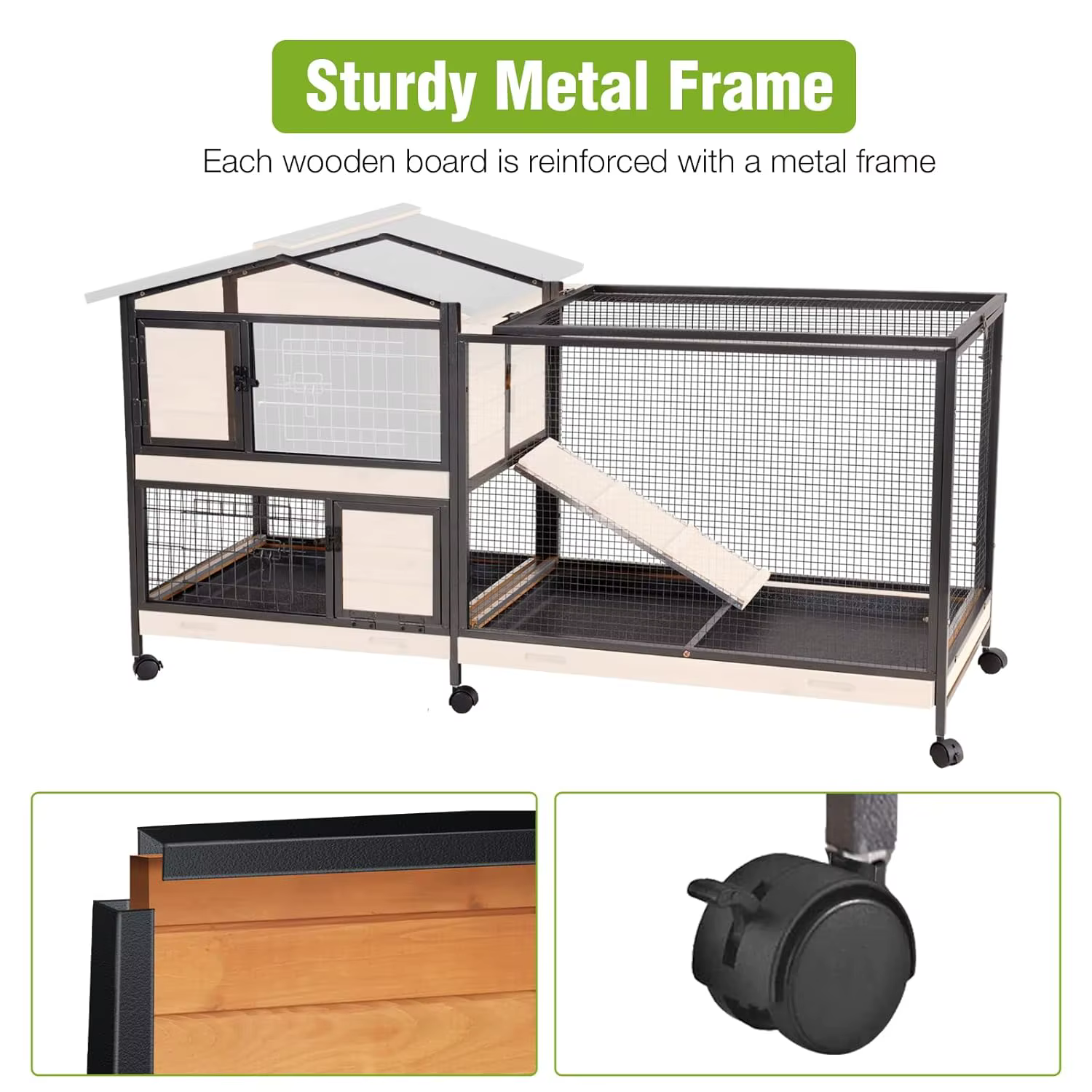 Conejera de 2 Pisos con Estructura de Metal Completa a Prueba de Mordidas para Interior/Exterior - Jaula para Conejos de 62" con 6 Ruedas con Freno, Personalizable — imagen 2