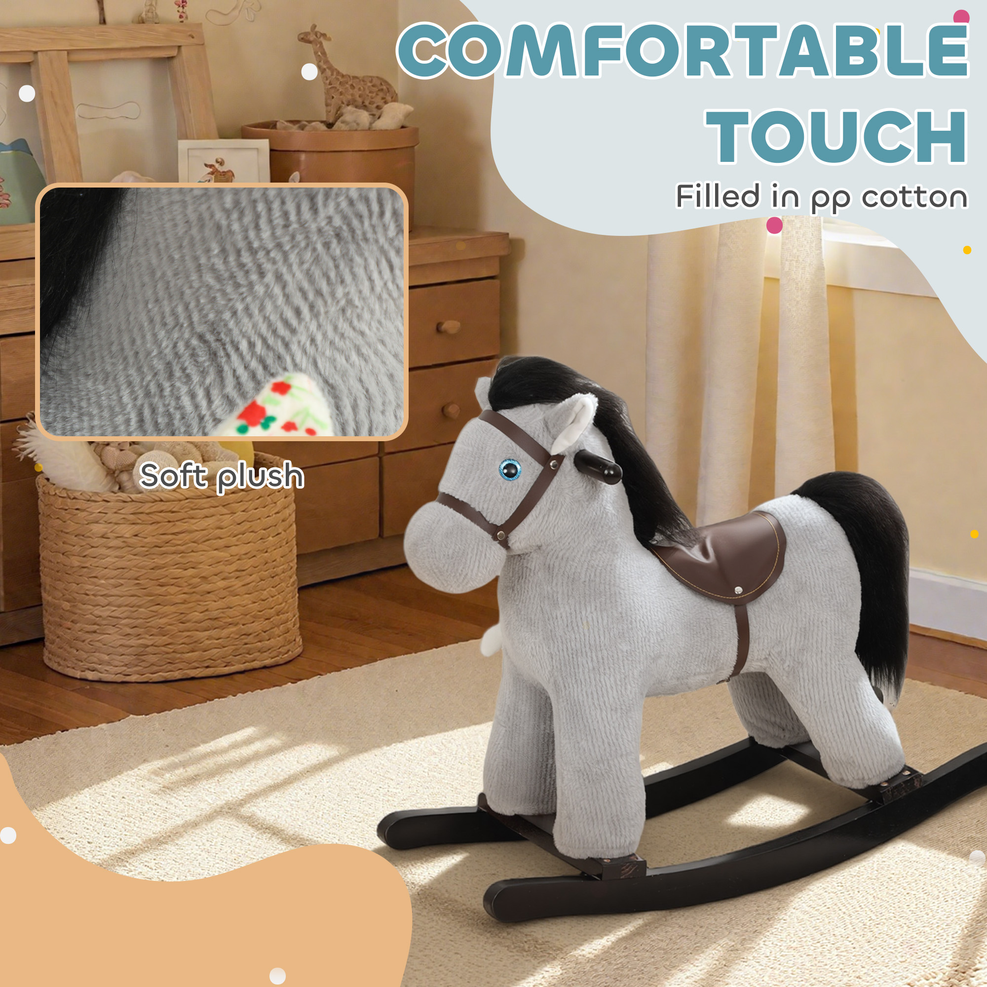 Caballo de Madera para Niños, Montura Plush con Sonidos de Caballo y Juego para Edad 2-5 Años, Gris — imagen 5