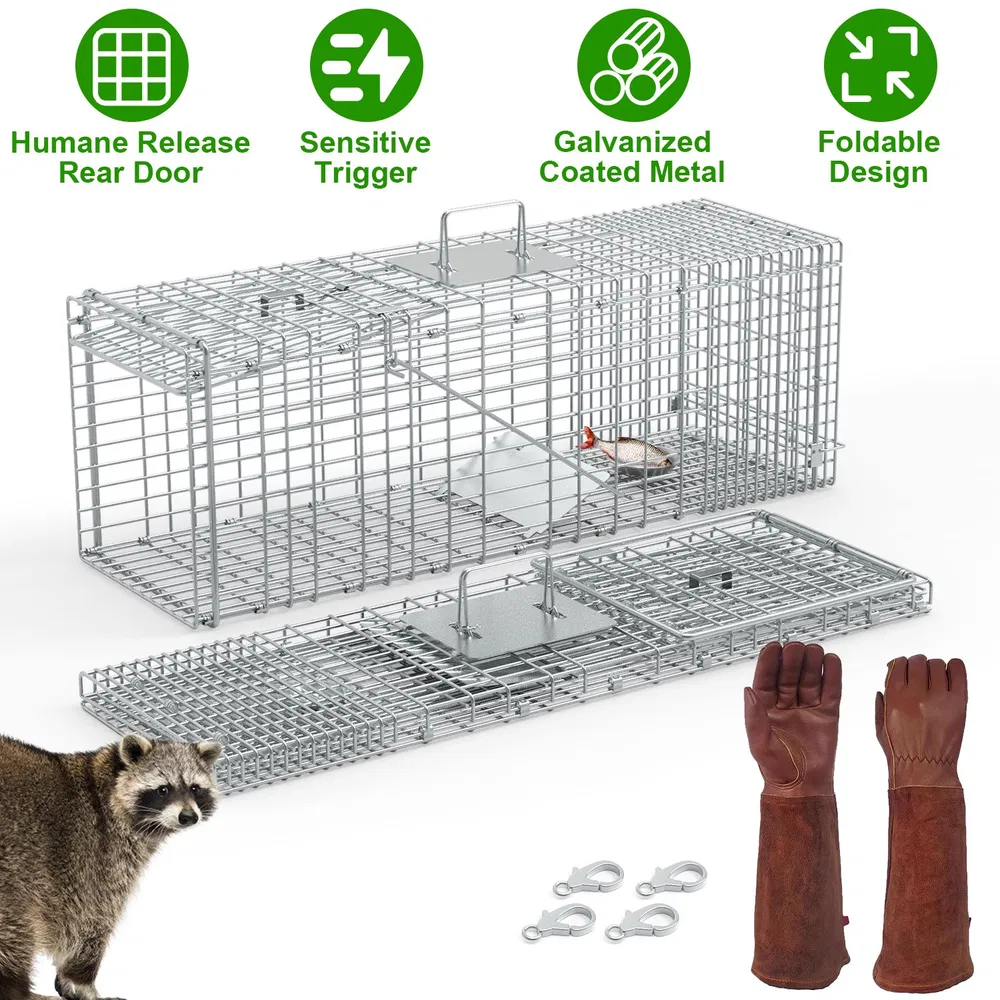 Humane Cat Trap Cage With Gloves Catch Release Live Animal Rodent Cage Collapsible Galvanized Wire For Raccoons Beavers Groundhogs Foxes Armadillos — imagen 3