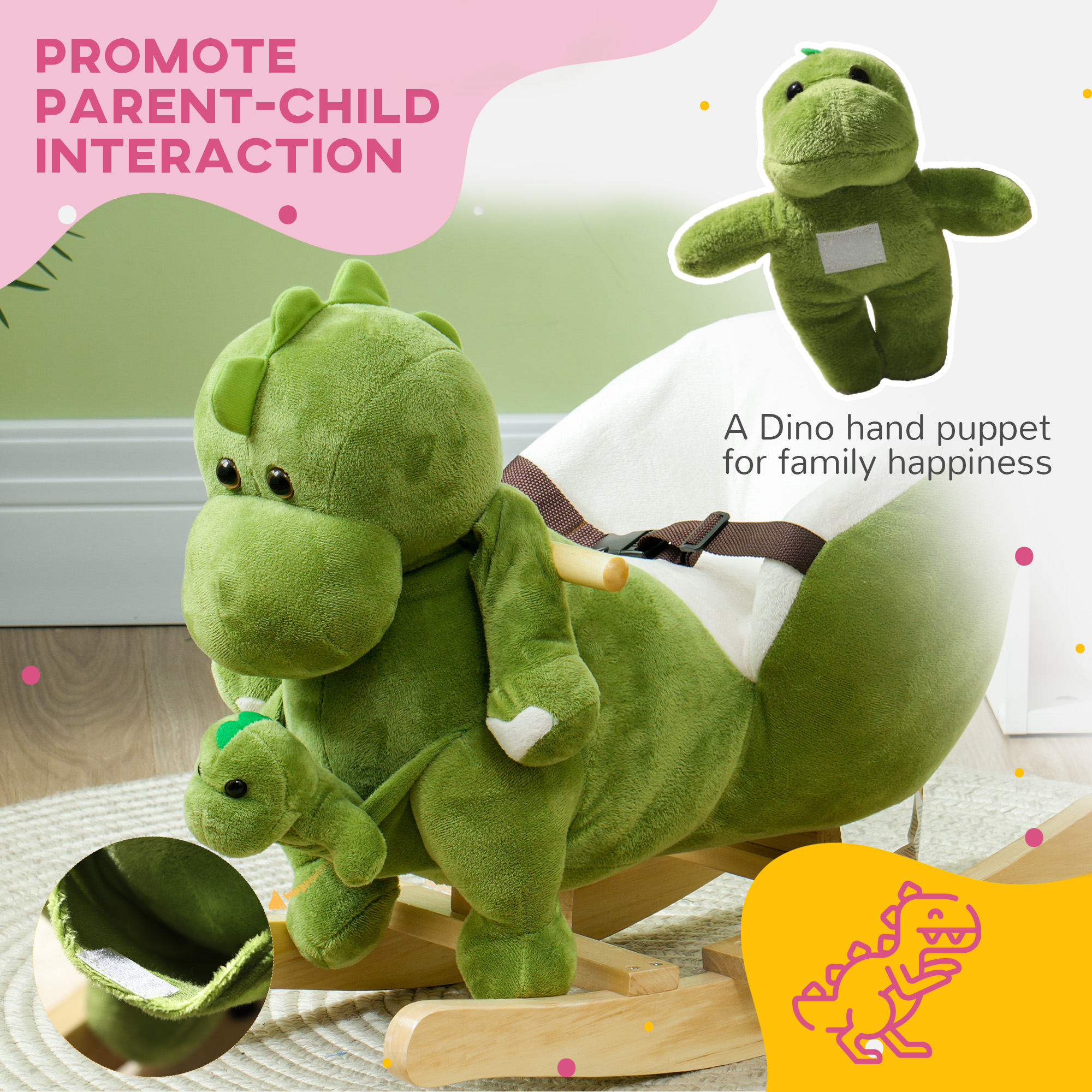 Caballo de Madera con Dinosaurio, Cinturón de Seguridad y 32 Canciones para Niños de 18 a 36 Meses, Verde — imagen 5