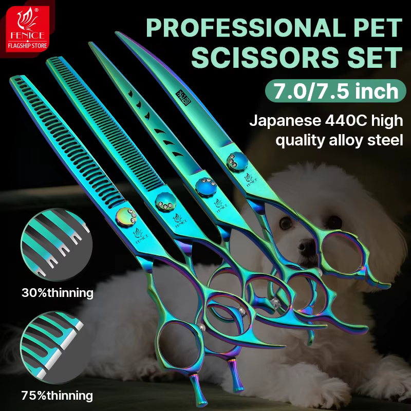 Fenice High-grade 7.0/7.5 inch JP440C Fluorescent Green Pet Grooming Scissors Shears Cutting & Curved & Thinner Set for Dog Groomer — image 1