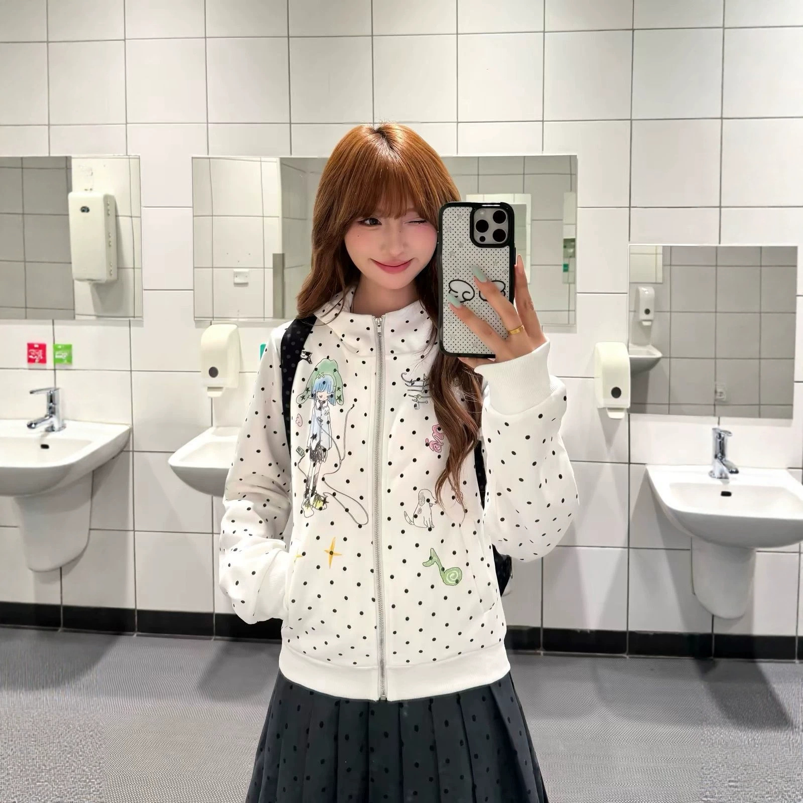 Cartoon Hoodie for Women, Zip-Up Coat with Polka Dot Cat Ears, Fitted Outerwear Trendy Style — image 3