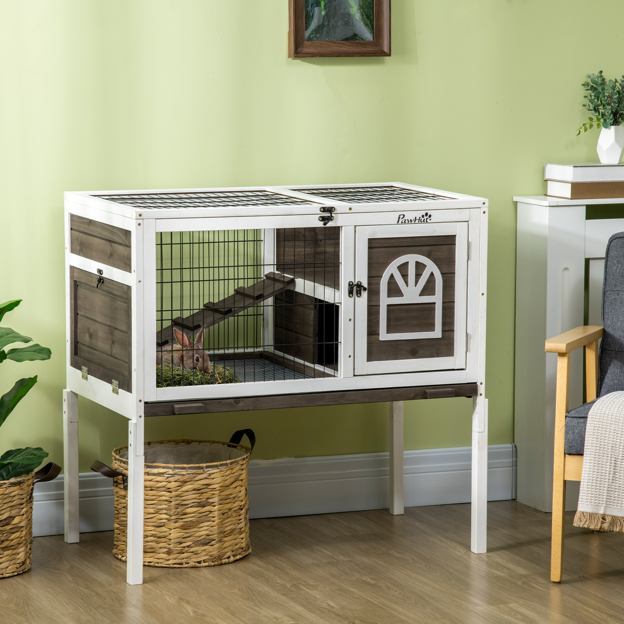 Casa para Conejos de Madera, Jaula Elevada para Pichones con Corral Café — imagen 1