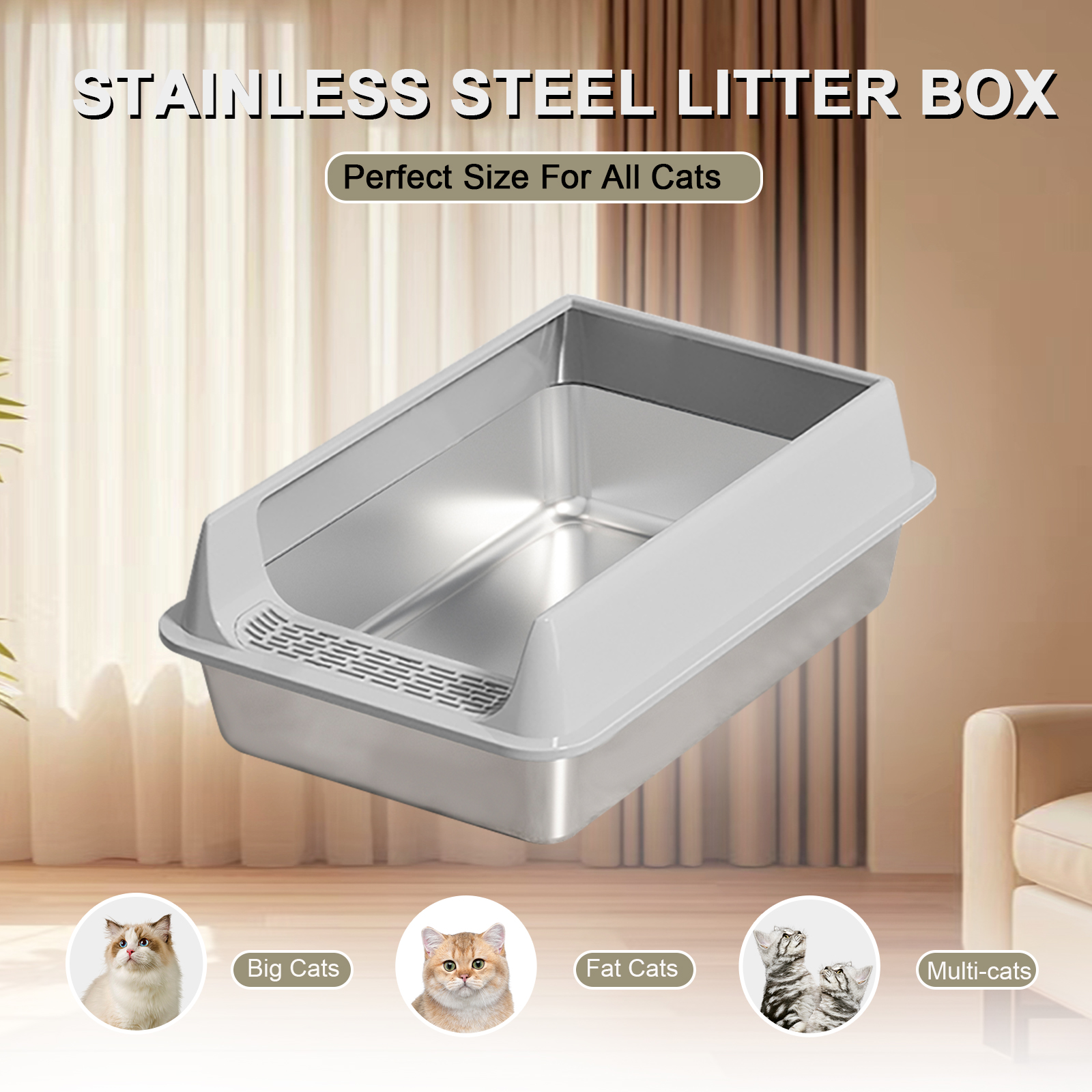 Caja de Arena de Acero Inoxidable Grande, Diseño Semi-cerrado Resbaloso y Hermético, Tapete Removible, Ideal para Gatos Grandes y Más — imagen 7