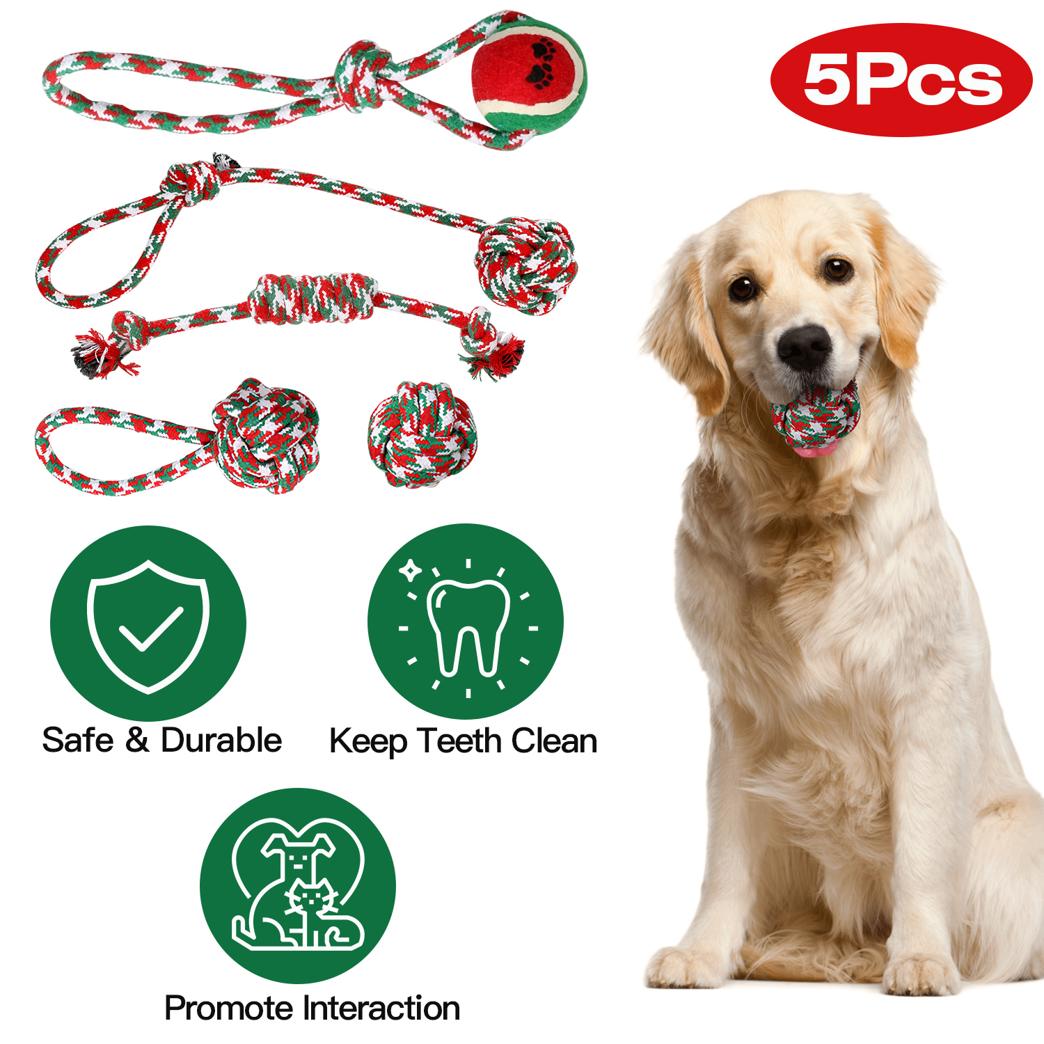 Conjunto de 5 Piezas de Juguetes de Cuerda Navideños para Perros - Interactivos y Seguros — imagen 1