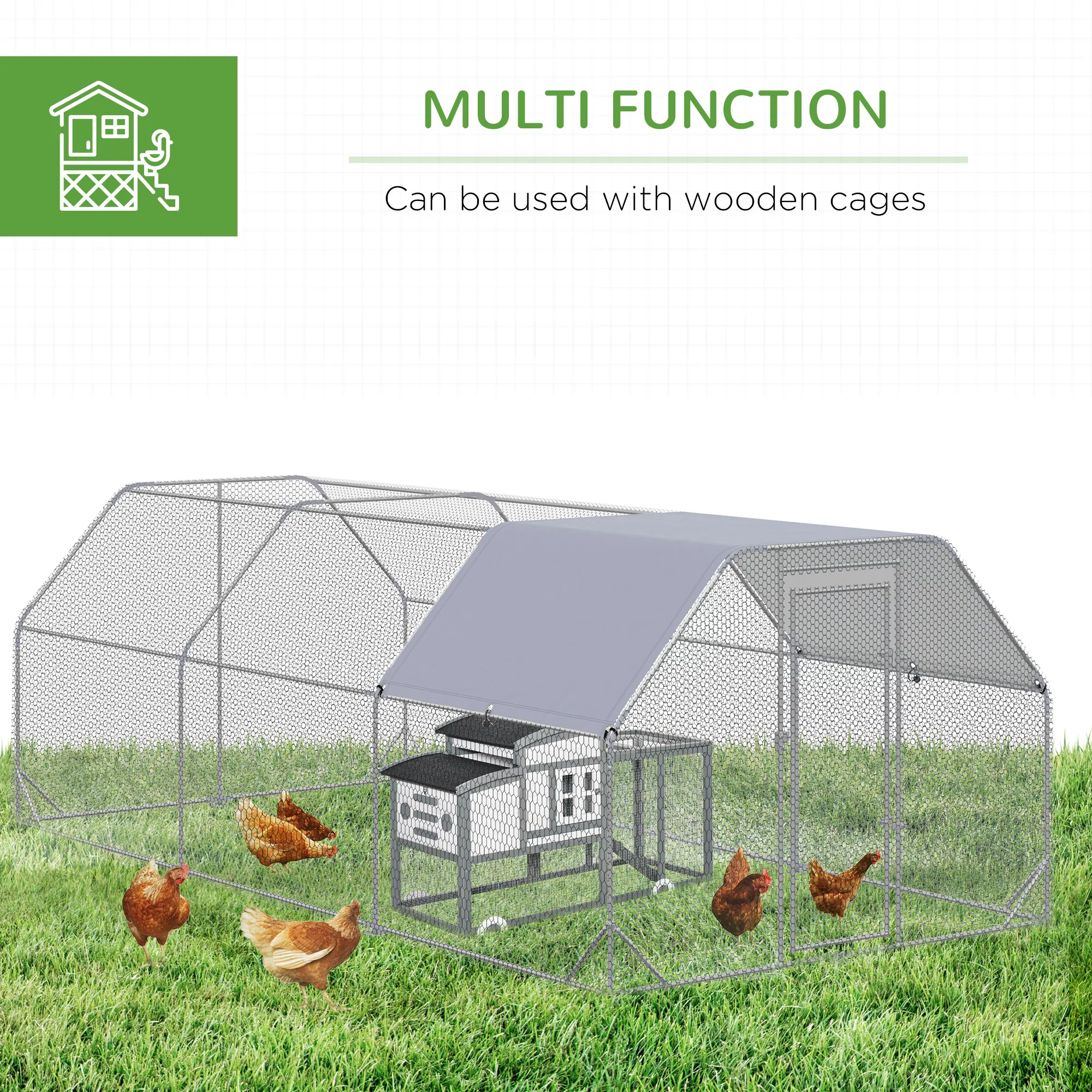 Chicken Run, Galvanized Large Metal Chicken Coop Cage, Walk-in Enclosure Poultry Hen Run House Playpen Rabbit Hutch with Flat Roof, Cover, 9.2' x 18.7' x 6.5', Silver — image 2