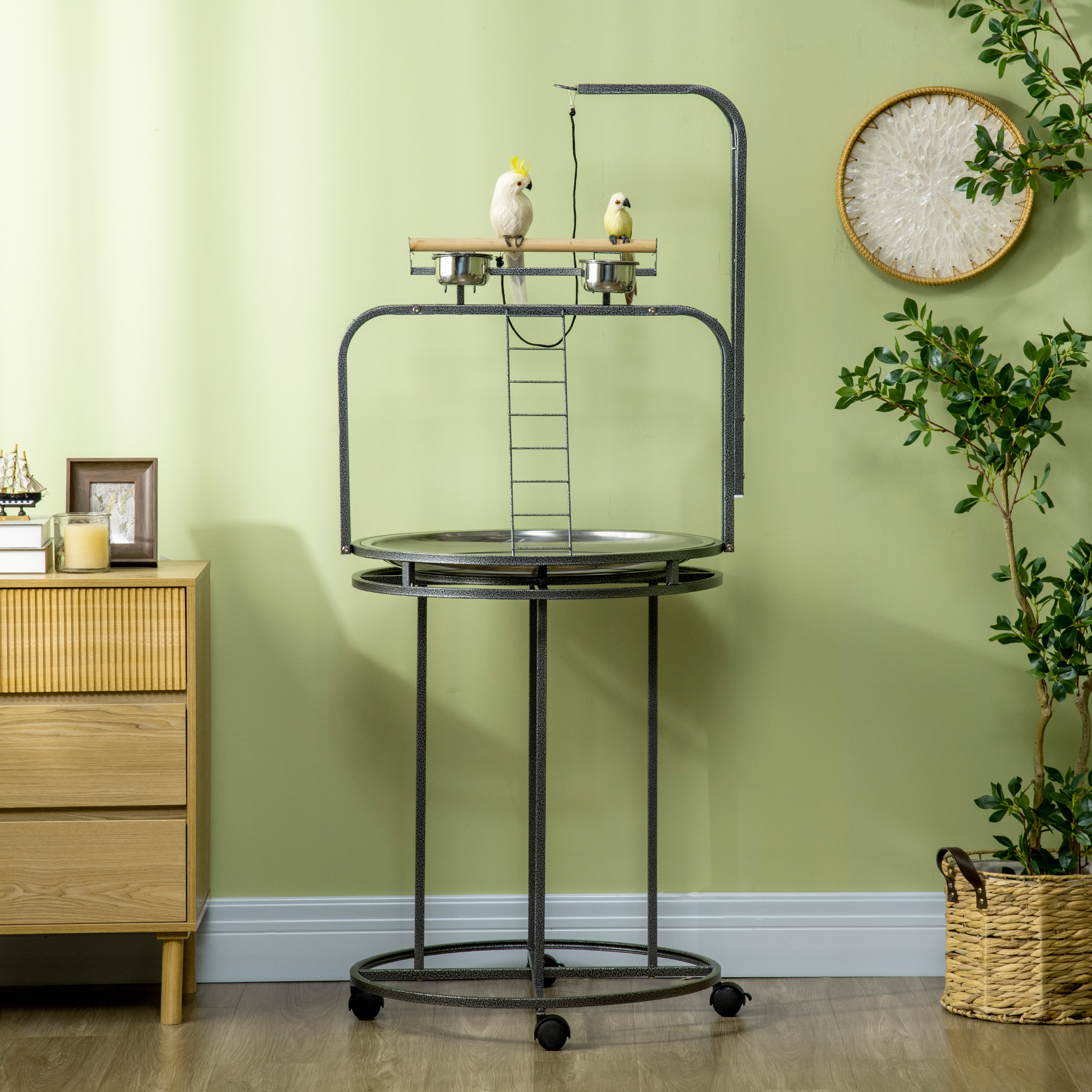 Parrot Stand Large Bird Perch Stand with Toy Hook & 3 Ladders, Parrot Perch, Bird Wooden Stand, Gray — image 6