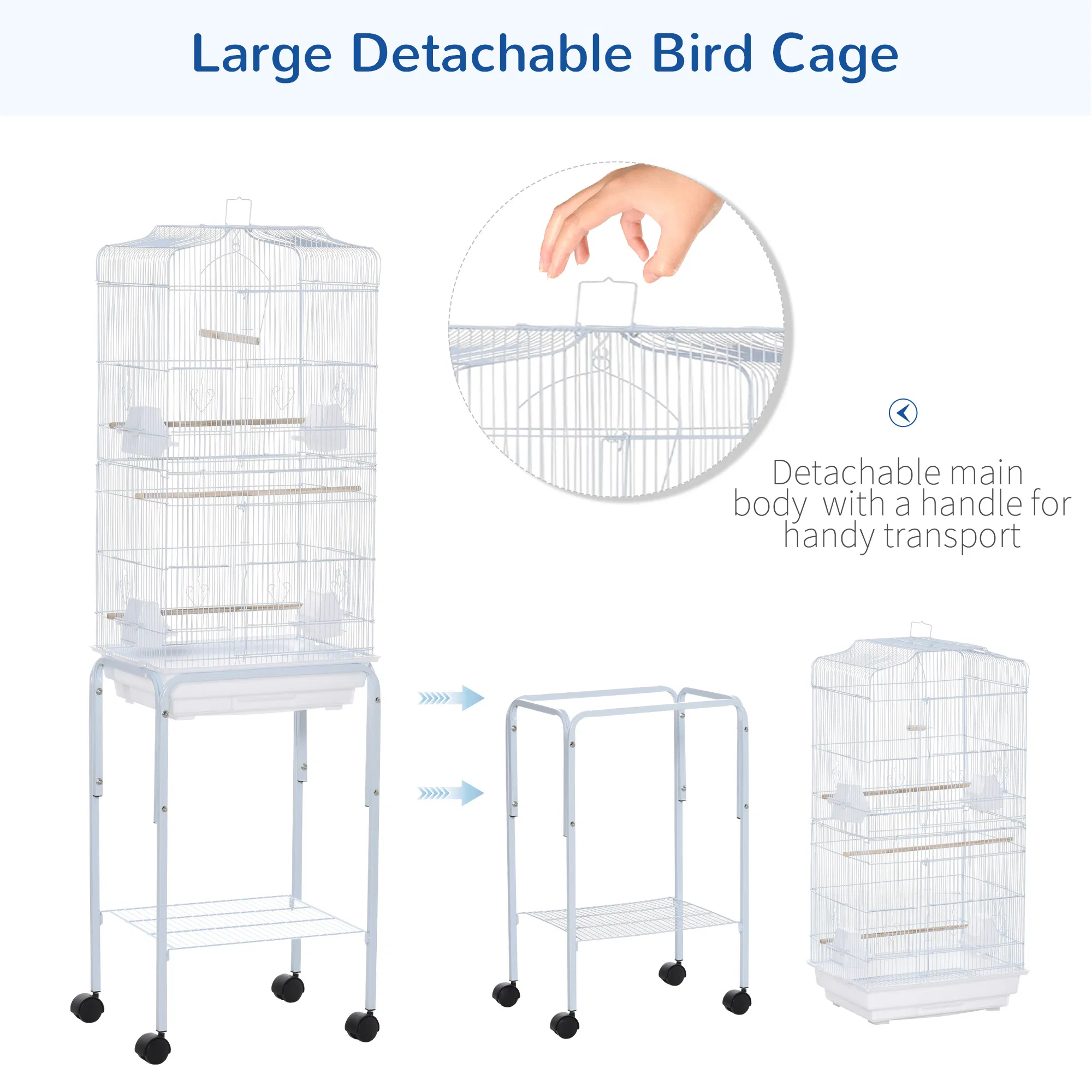 62" Rolling Bird Cage Cockatoo House Play Top Finch Pet Supply with Storage Shelf, Wheels - White — image 6