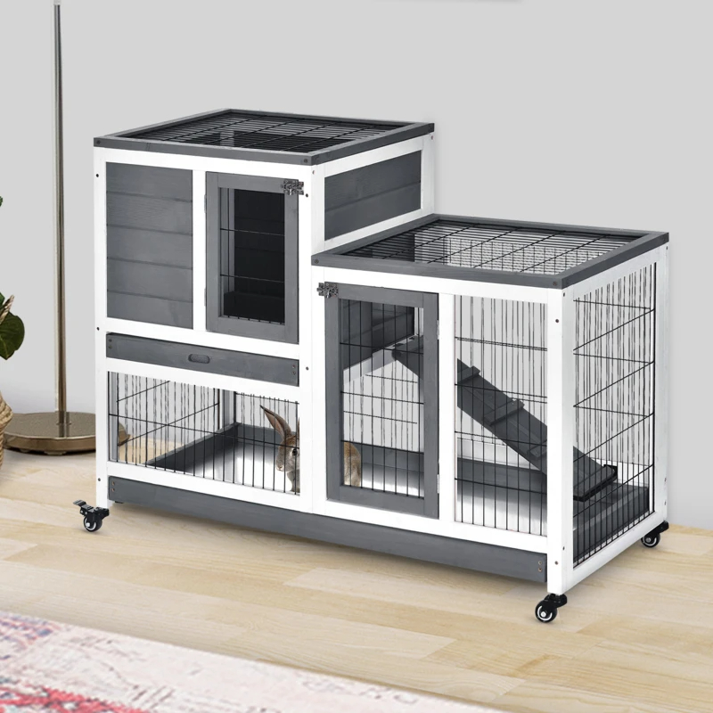 Wooden Rabbit Hutch Elevated Bunny Cage Indoor Small Animal Habitat With Enclosed Run With Wheels, Ramp, Removable Tray For Rabbits, Chickens, Ducks, Guinea Pigs, Gray — imagen 10