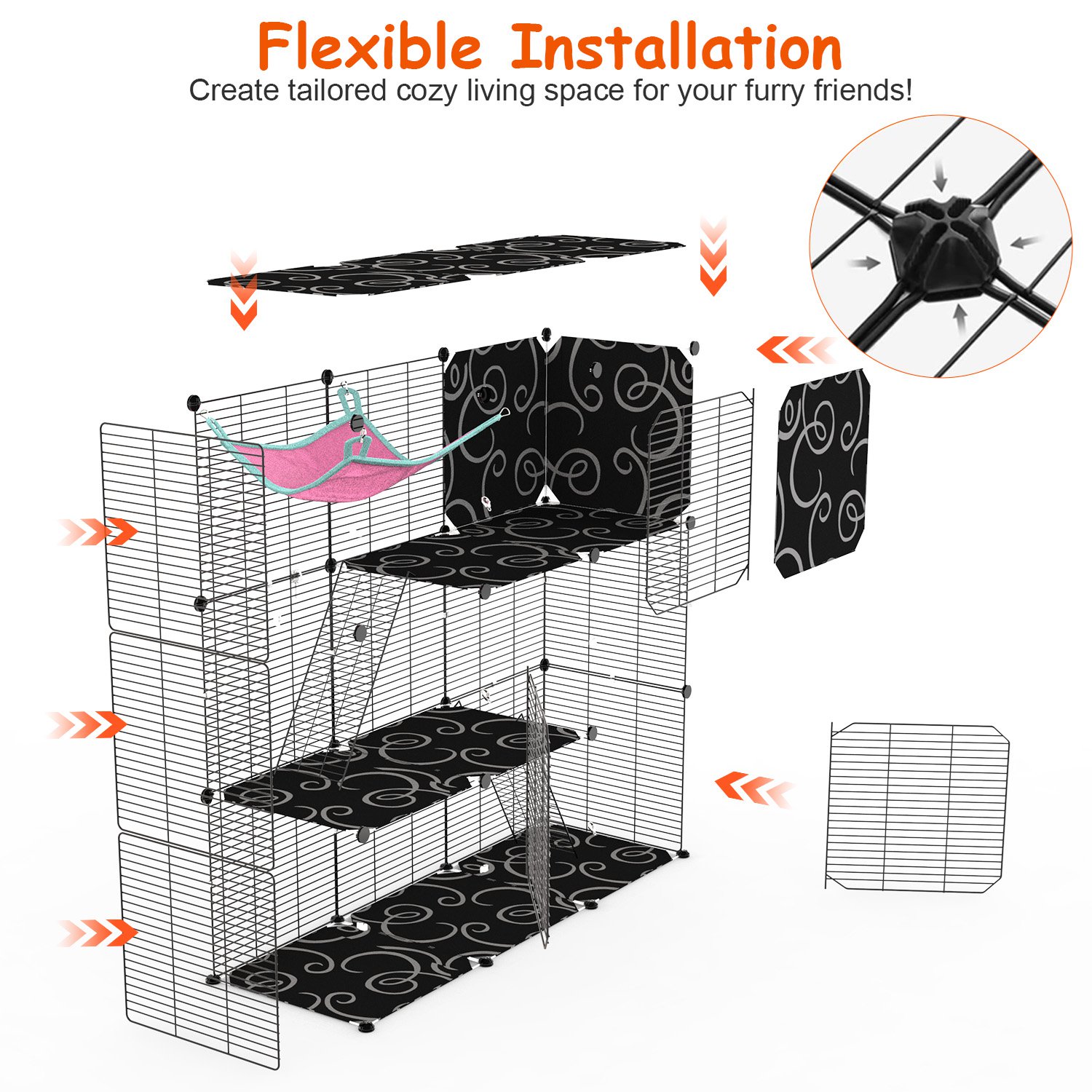 3-Tier Cat Cage Enclosure Indoor Cat Cage Playpen With Hammock Toy Ball Ladder DIY Iron Wire Cat House Kennels Crate For 1-2 Cats Ferret Rabbit Small Animals — image 9