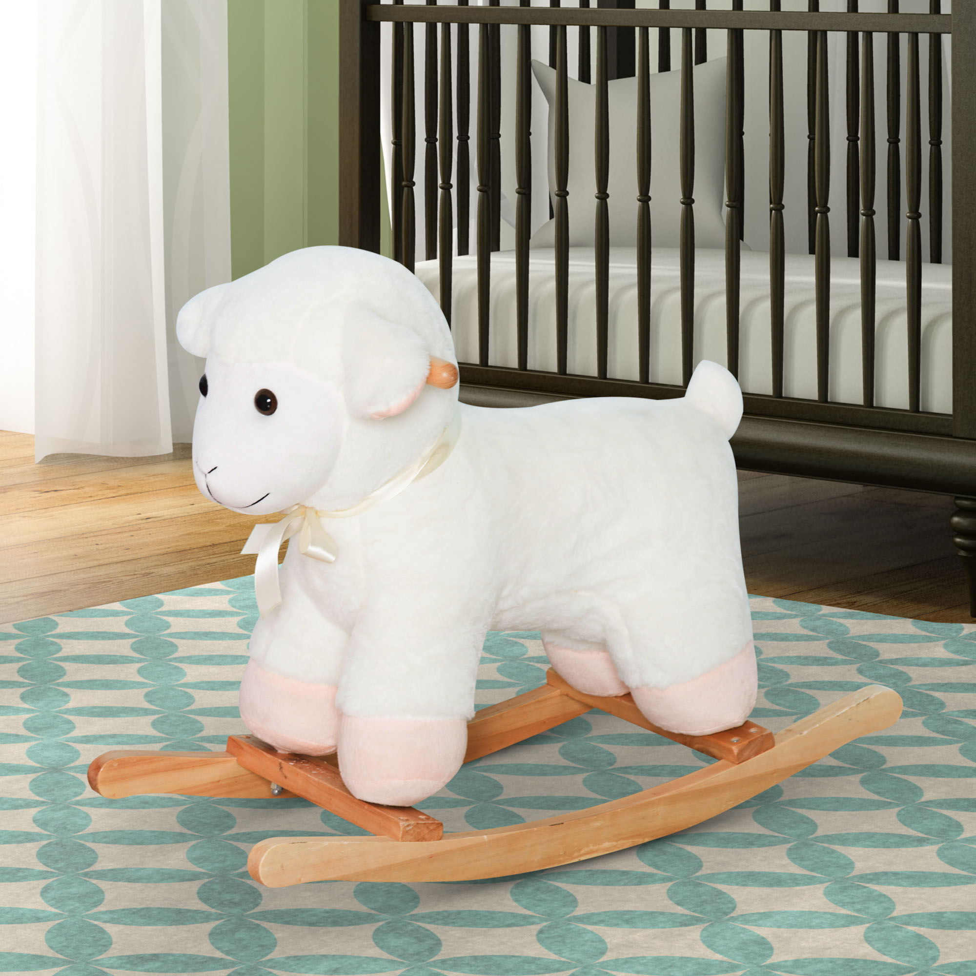 Lamb Rocking Horse Sheep, Nursery Stuffed Animal Ride On Rocker For Kids, Wooden Plush, White — imagen 1
