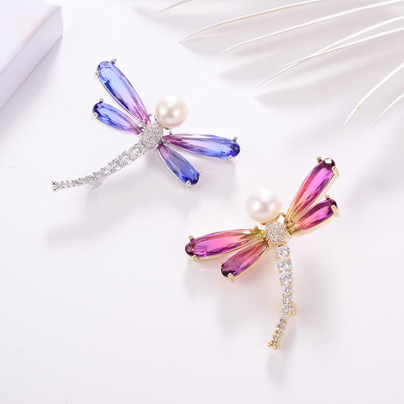 Temperament Exquisite Tourmaline Brooch Fashion Dragonfly Diamond Pearl Corsage Dress Brooch — image 4